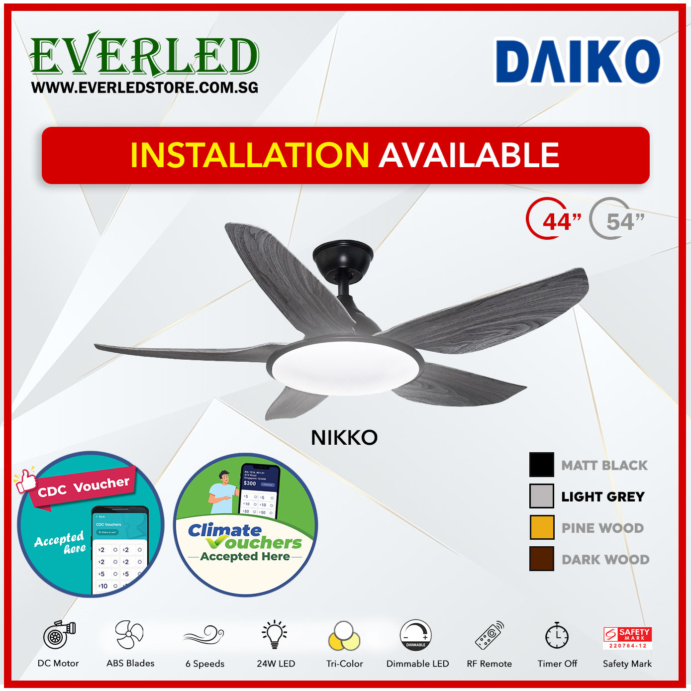 *FREE STANDARD INSTALLATION* Daiko DC Nikko5 44"  with Tri-color LED (Inverter DC Fan) *CDC & Climate Voucher Accepted In Showroom*