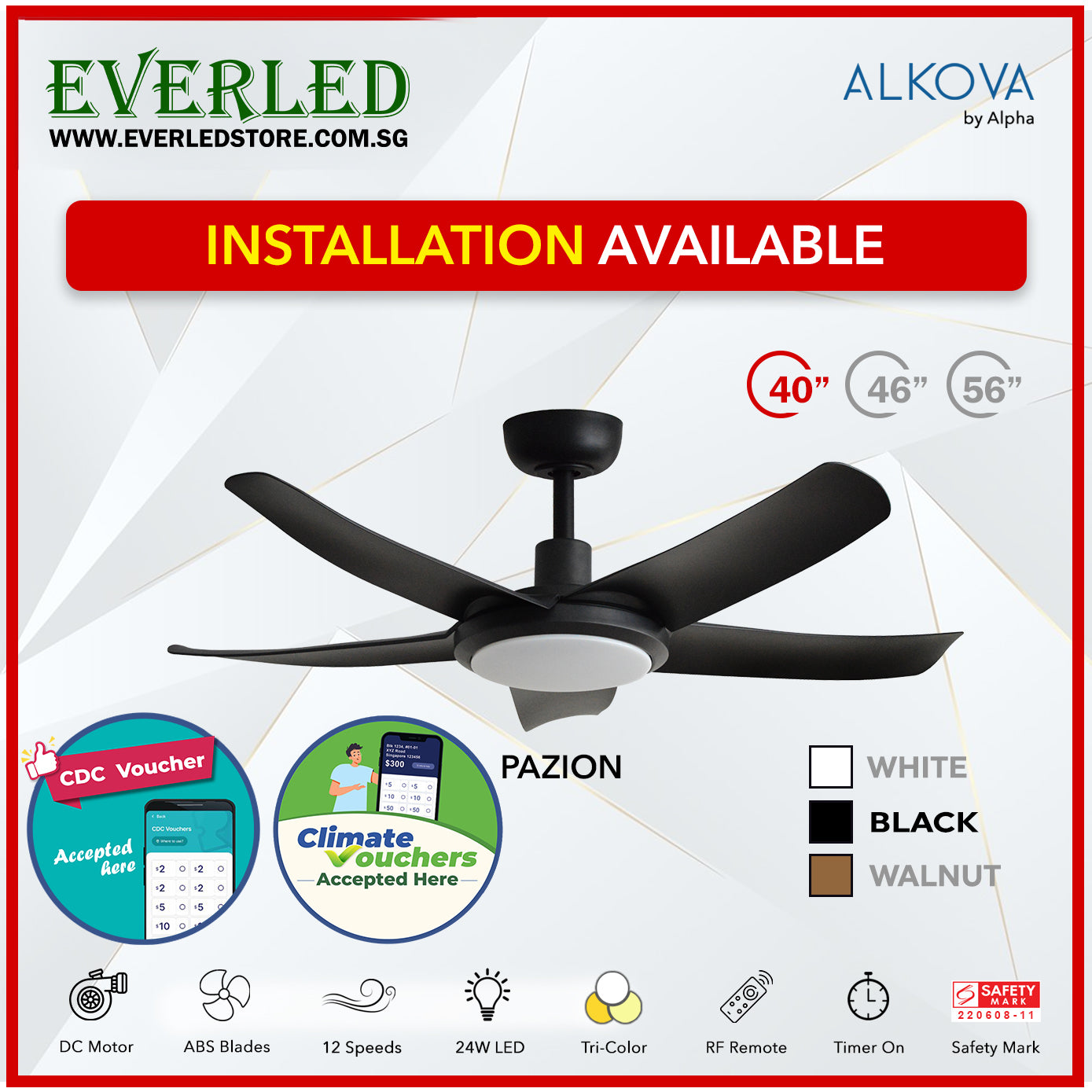 *STANDARD INSTALLATION* Alpha DC Pazion  40/46/56" with Tri-colour LED (Inverter DC fan) *CDC & Climate Voucher Accepted In Showroom*