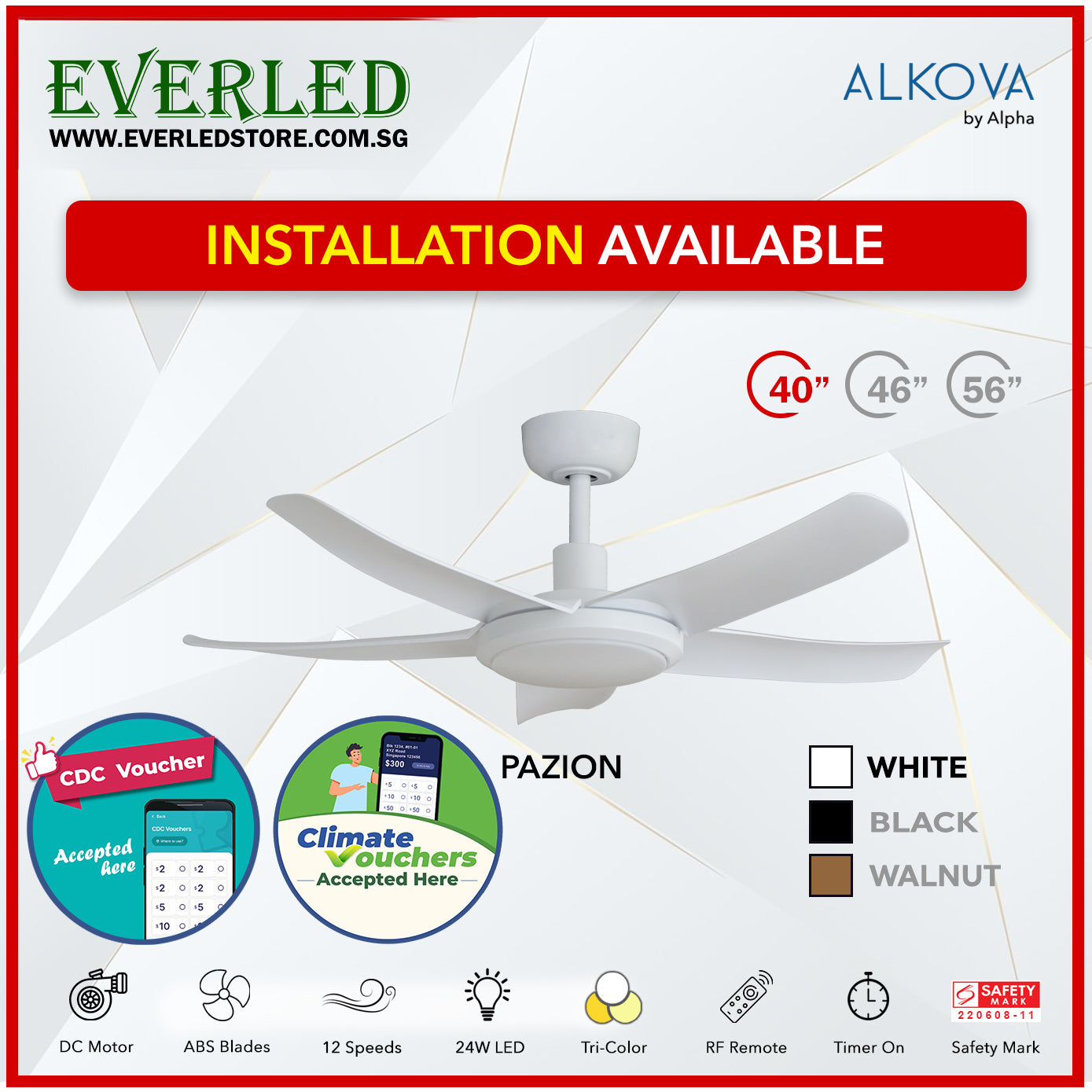 *STANDARD INSTALLATION* Alpha DC Pazion  40/46/56" with Tri-colour LED (Inverter DC fan) *CDC & Climate Voucher Accepted In Showroom*