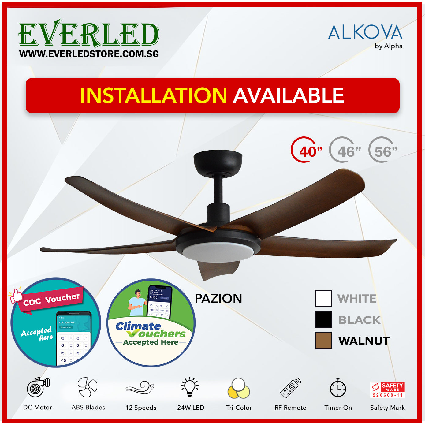 *STANDARD INSTALLATION* Alpha DC Pazion  40/46/56" with Tri-colour LED (Inverter DC fan) *CDC & Climate Voucher Accepted In Showroom*