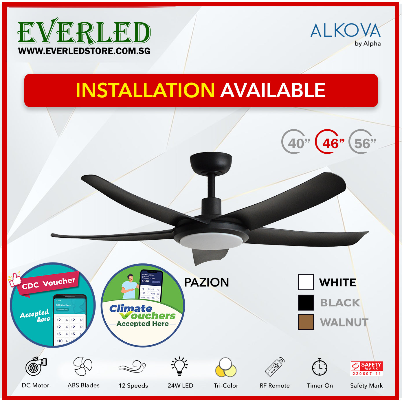 *STANDARD INSTALLATION* Alpha DC Pazion  40/46/56" with Tri-colour LED (Inverter DC fan) *CDC & Climate Voucher Accepted In Showroom*