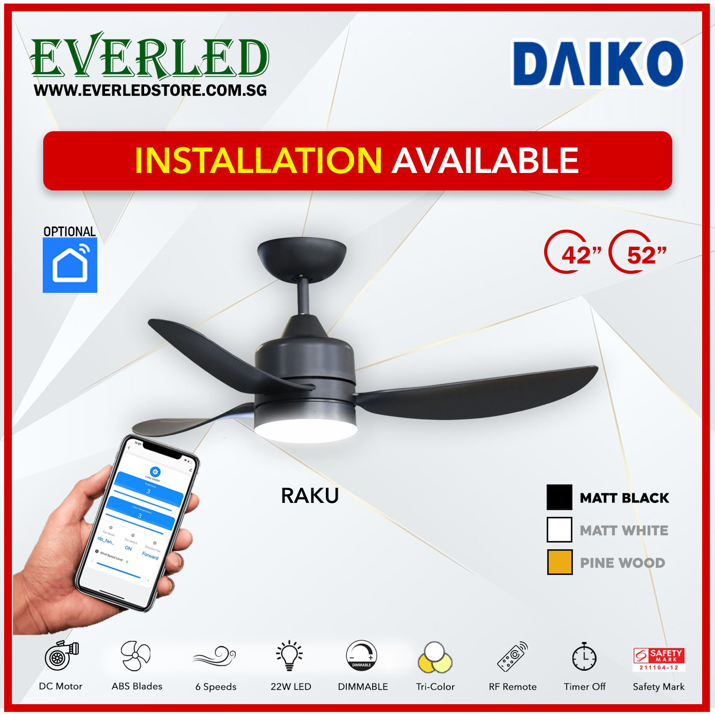 * FREE STANDARD INSTALLATION* Daiko DC Raku 42"/52" with Dimmable Tri-color LED (Inverter DC Fan) *CDC & Climate Voucher Accepted In Showroom*