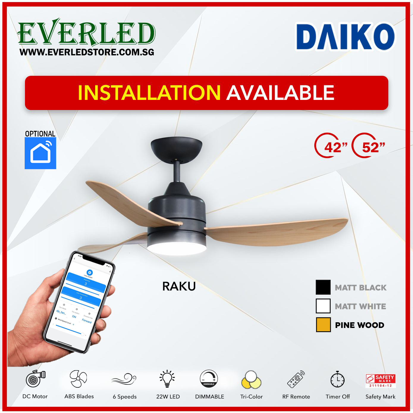 * FREE STANDARD INSTALLATION* Daiko DC Raku 42"/52" with Dimmable Tri-color LED (Inverter DC Fan) *CDC & Climate Voucher Accepted In Showroom*