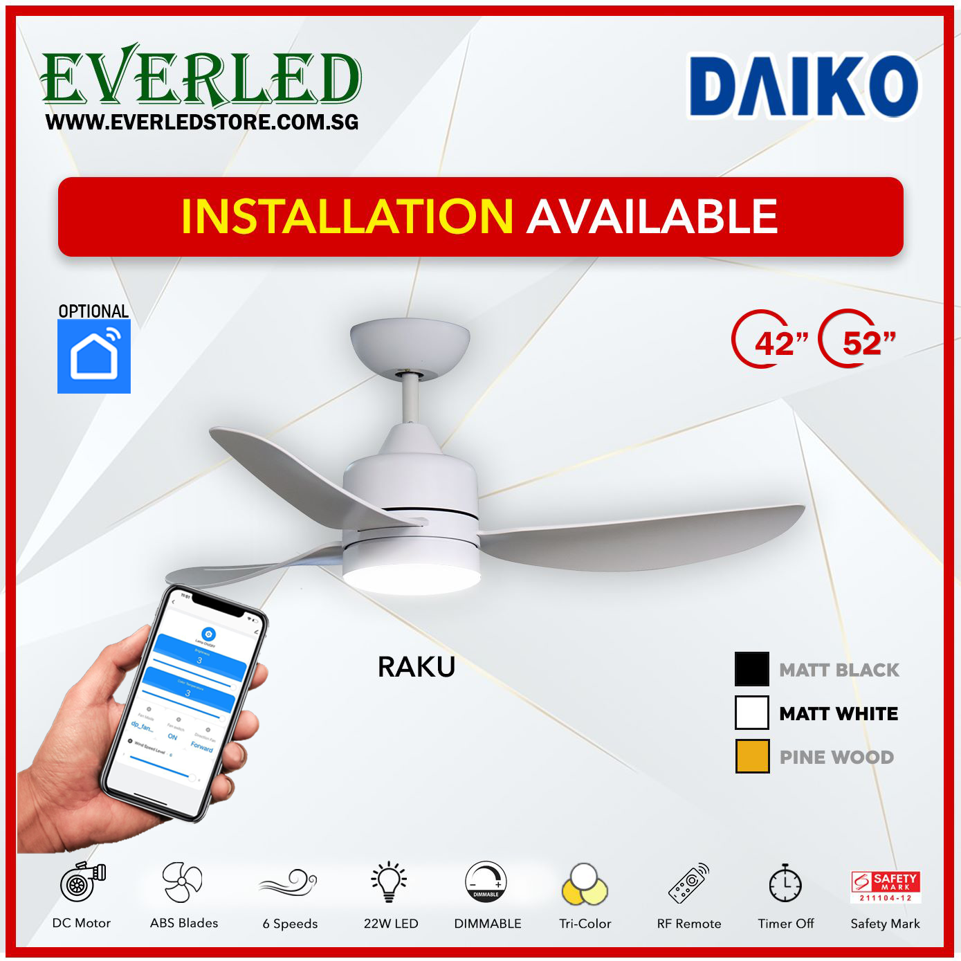 * FREE STANDARD INSTALLATION* Daiko DC Raku 42"/52" with Dimmable Tri-color LED (Inverter DC Fan) *CDC & Climate Voucher Accepted In Showroom*