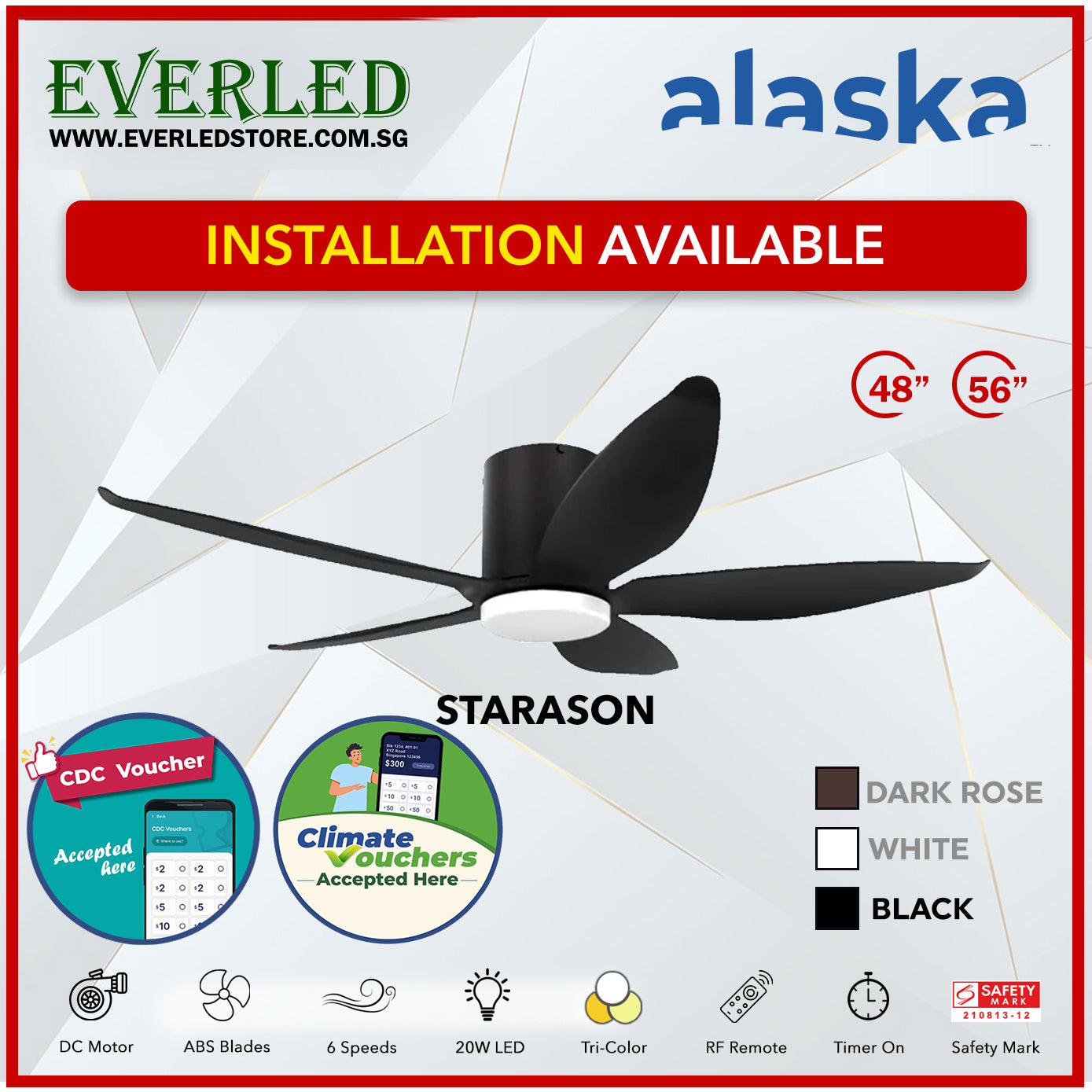 *STANDARD INSTALLATION* Alaska DC Starason III 48"/56" (Inverter DC Fan) with Samsung dimmable light kit *CDC & Climate Voucher Accepted In Showroom*