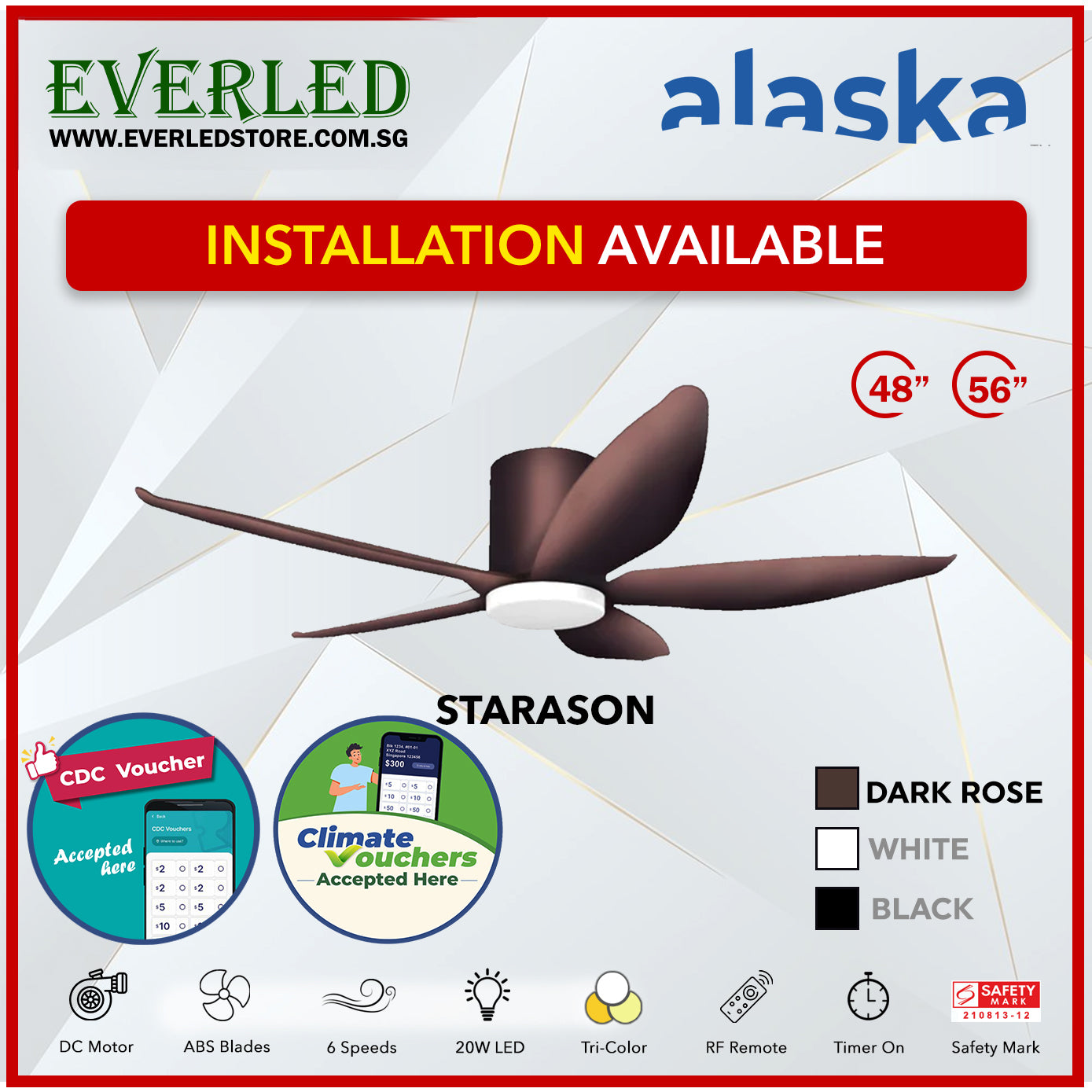 *STANDARD INSTALLATION* Alaska DC Starason III 48"/56" (Inverter DC Fan) with Samsung dimmable light kit *CDC & Climate Voucher Accepted In Showroom*