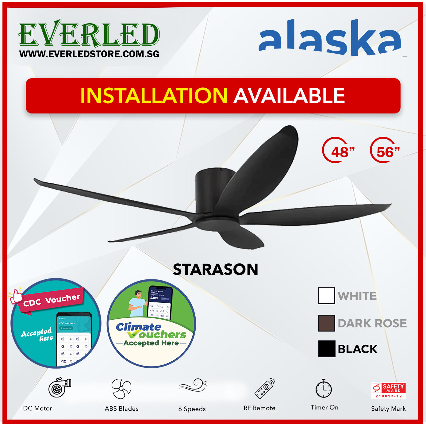 *STANDARD INSTALLATION* Alaska DC Starason III 48"/56" (Inverter DC Fan) with Samsung dimmable light kit *CDC & Climate Voucher Accepted In Showroom*