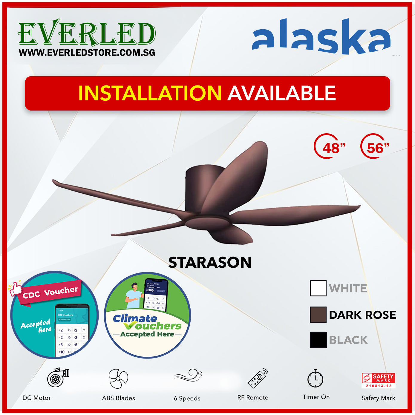 *STANDARD INSTALLATION* Alaska DC Starason III 48"/56" (Inverter DC Fan) with Samsung dimmable light kit *CDC & Climate Voucher Accepted In Showroom*