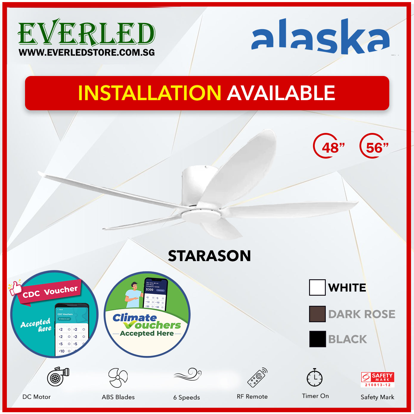 *STANDARD INSTALLATION* Alaska DC Starason III 48"/56" (Inverter DC Fan) with Samsung dimmable light kit *CDC & Climate Voucher Accepted In Showroom*