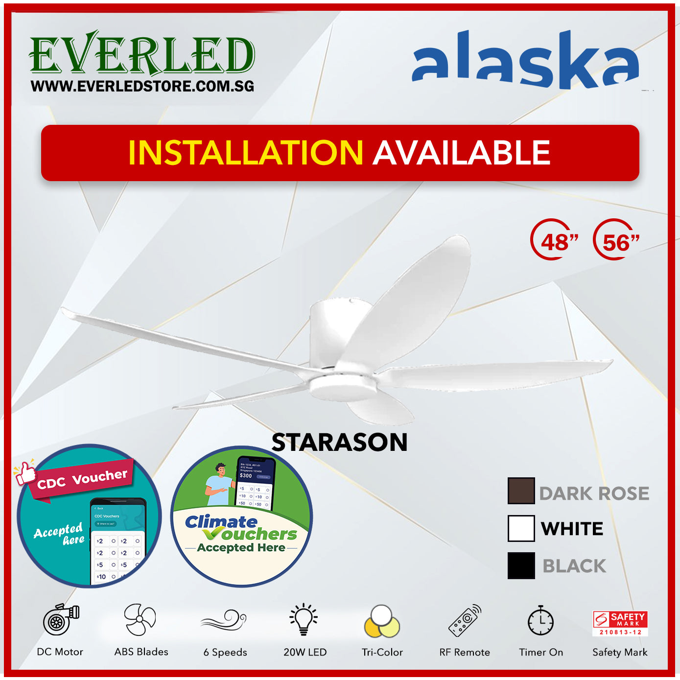 *STANDARD INSTALLATION* Alaska DC Starason III 48"/56" (Inverter DC Fan) with Samsung dimmable light kit *CDC & Climate Voucher Accepted In Showroom*