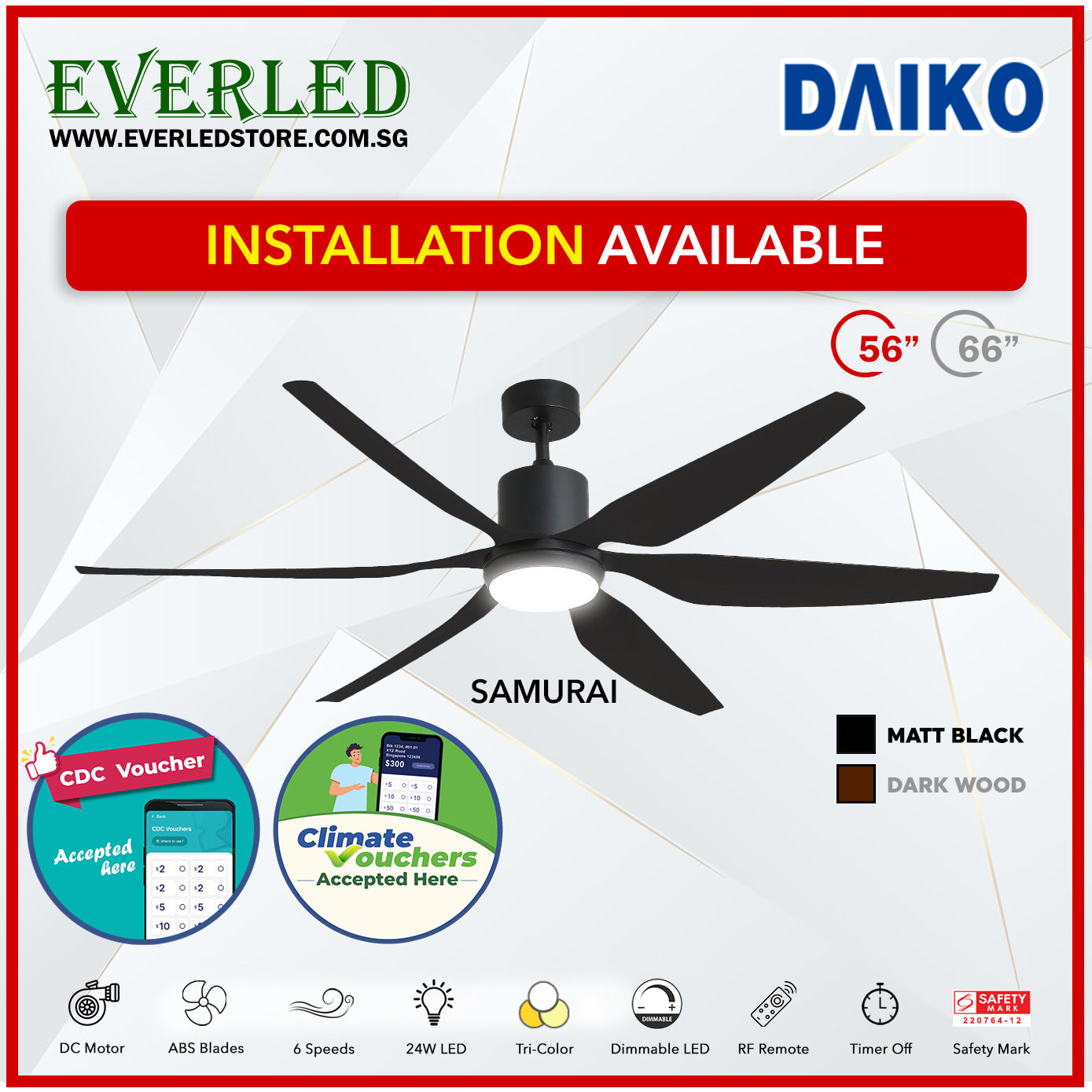 Daiko DC Samurai 56"  with Dimmable Tri-color LED (Inverter DC Fan) *CDC & Climate Voucher Accepted In Showroom*
