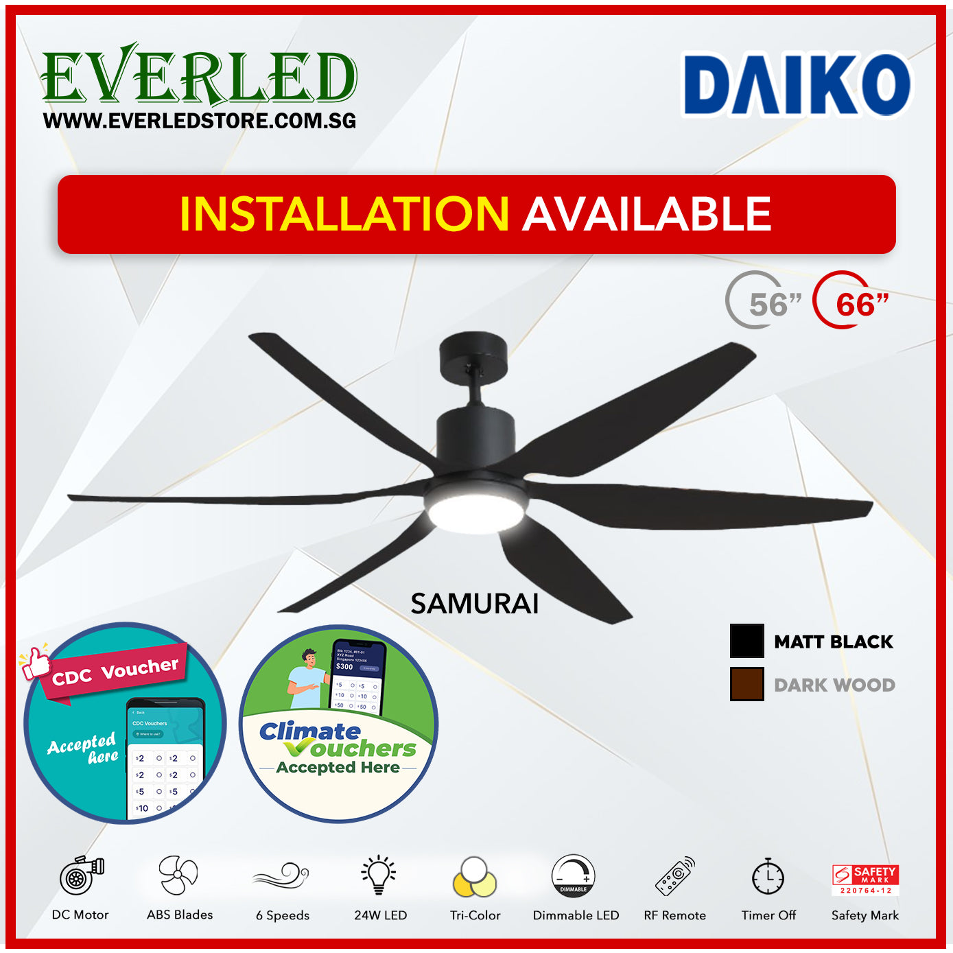 Daiko DC Samurai 56"  with Dimmable Tri-color LED (Inverter DC Fan) *CDC & Climate Voucher Accepted In Showroom*
