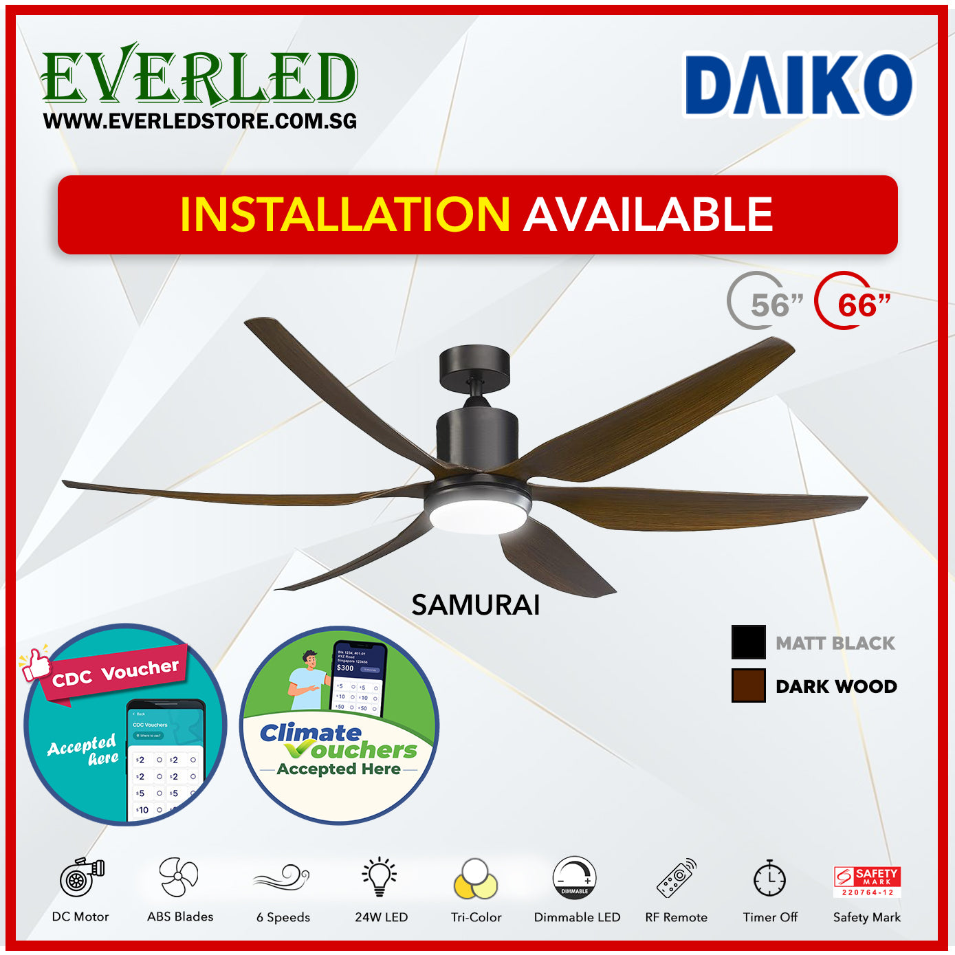 Daiko DC Samurai 56"  with Dimmable Tri-color LED (Inverter DC Fan) *CDC & Climate Voucher Accepted In Showroom*