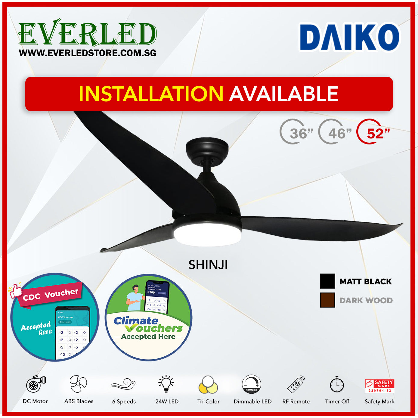 *FREE STANDARD INSTALLATION*  Daiko DC Shinji 36"/46"/52" with Tri-color LED (Inverter DC Fan) *CDC & Climate Voucher Accepted in Showroom*