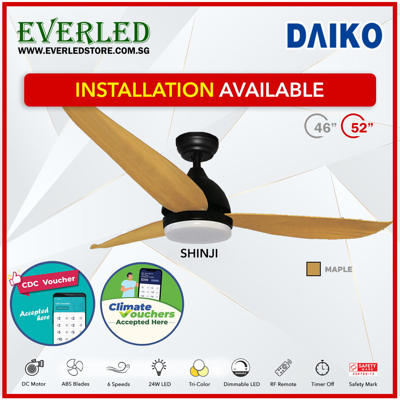 *FREE STANDARD INSTALLATION*  Daiko DC Shinji 36"/46"/52" with Tri-color LED (Inverter DC Fan) *CDC & Climate Voucher Accepted in Showroom*