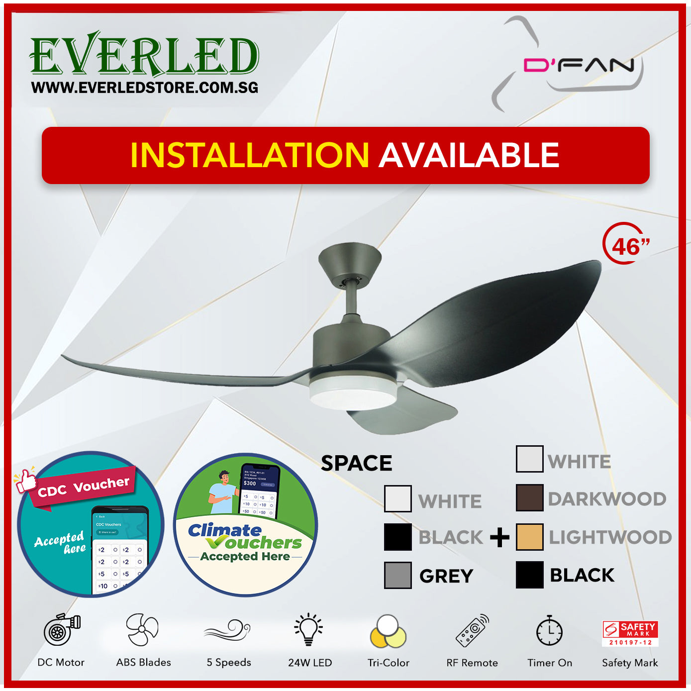*STANDARD INSTALLATION* Mistral Dfan DC Space 46"  with Tri-color LED (Inverter DC Fan) *CDC & Climate Voucher Accepted In Showroom*