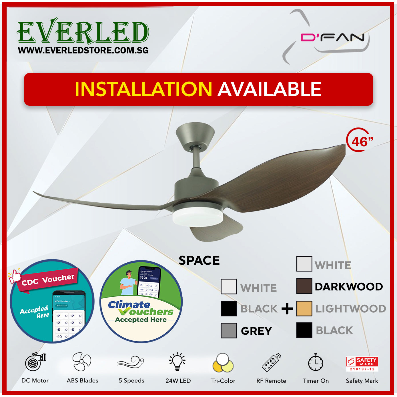 *STANDARD INSTALLATION* Mistral Dfan DC Space 46"  with Tri-color LED (Inverter DC Fan) *CDC & Climate Voucher Accepted In Showroom*
