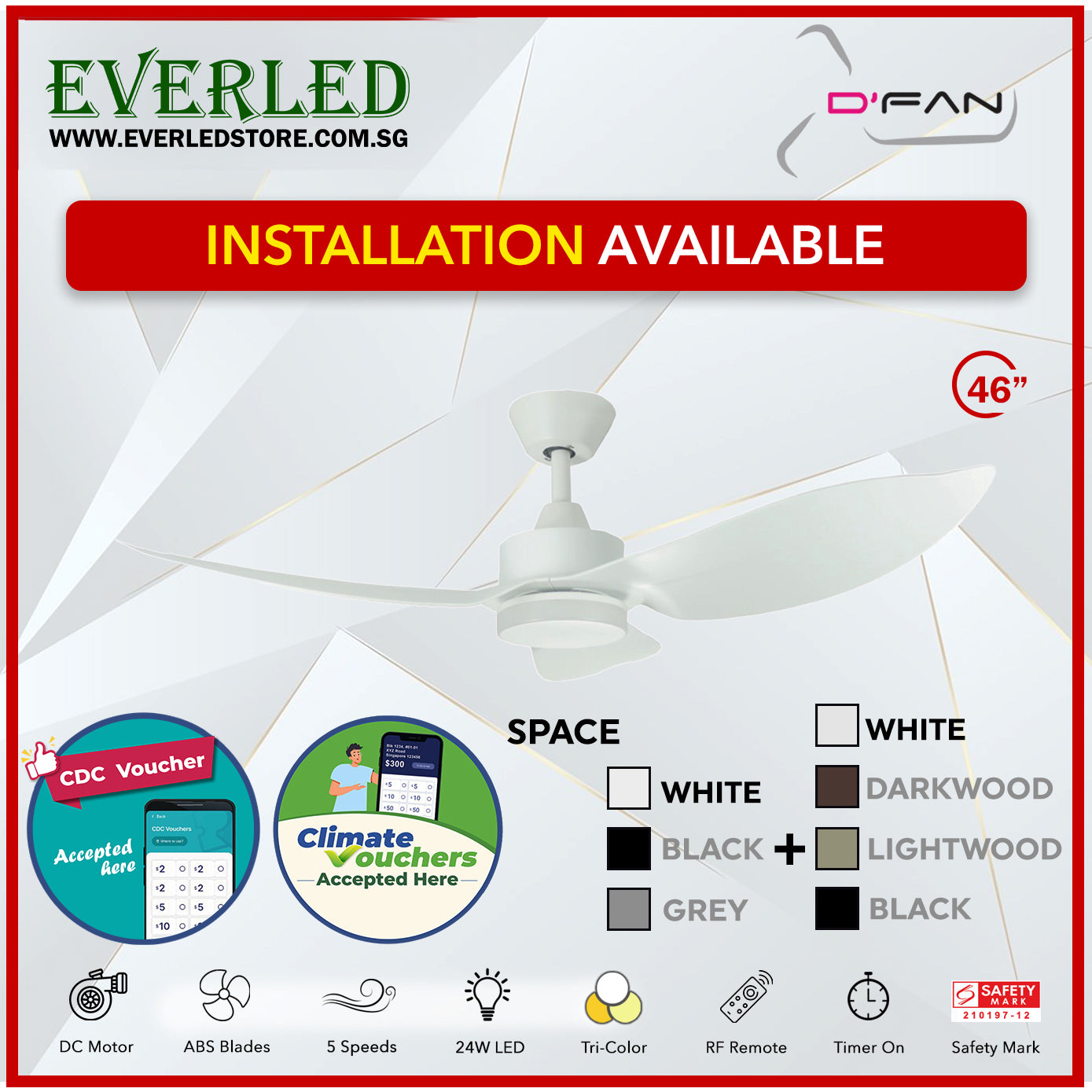*STANDARD INSTALLATION* Mistral Dfan DC Space 46"  with Tri-color LED (Inverter DC Fan) *CDC & Climate Voucher Accepted In Showroom*