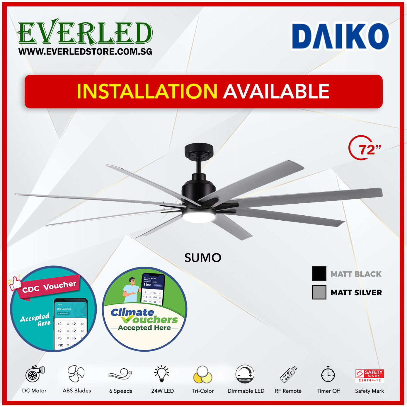 *FREE STANDARD INSTALLATION* Daiko DC Sumo 72"  with Tri-color LED (Inverter DC Fan) *CDC & Climate Voucher Accepted In Showroom*