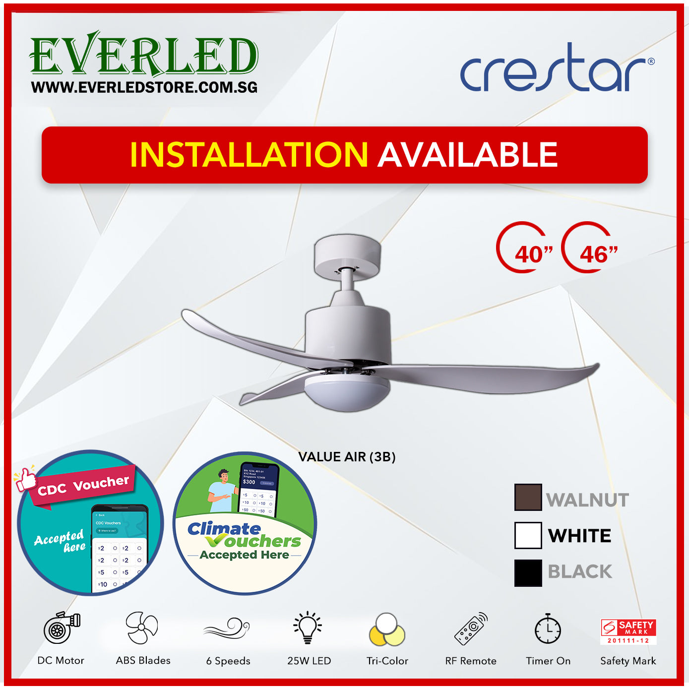 *STANDARD INSTALLATION* Crestar DC ValueAir 3 Blades 40"/46" (Inverter DC Fan) *CDC & Climate Voucher Accepted In Showroom*