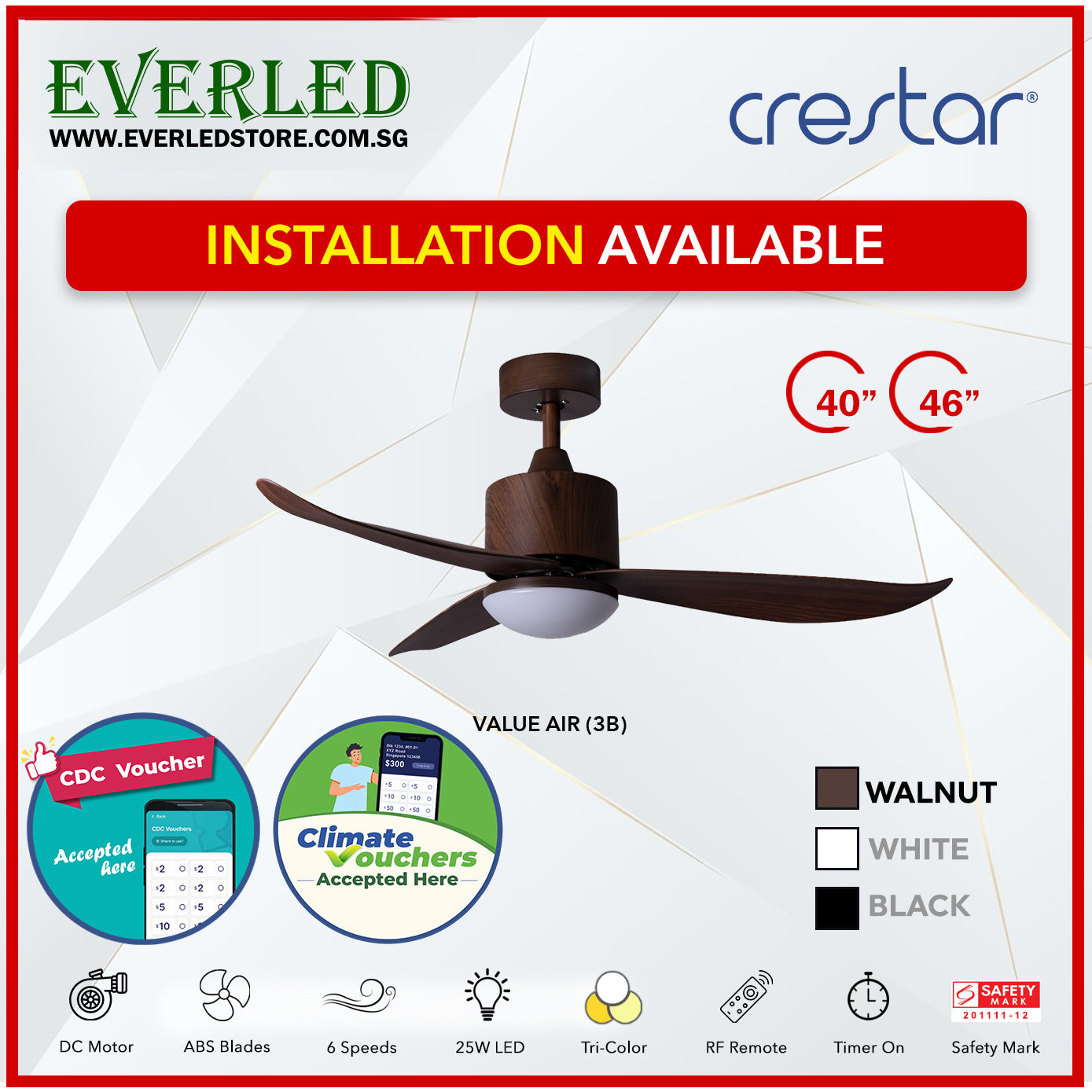 *STANDARD INSTALLATION* Crestar DC ValueAir 3 Blades 40"/46" (Inverter DC Fan) *CDC & Climate Voucher Accepted In Showroom*