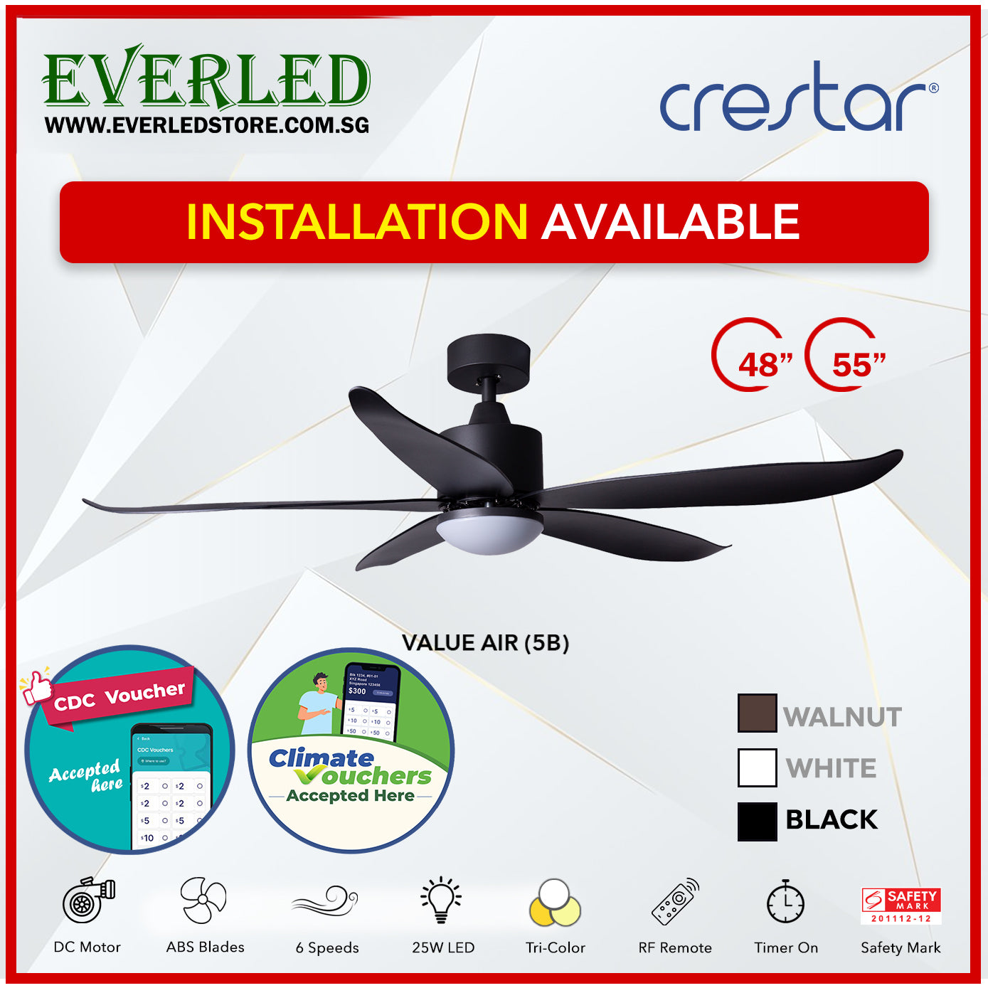*STANDARD INSTALLATION* Crestar DC ValueAir 5 Blades 48"/55" (Inverter DC Fan) *CDC & Climate Voucher Accepted In Showroom*