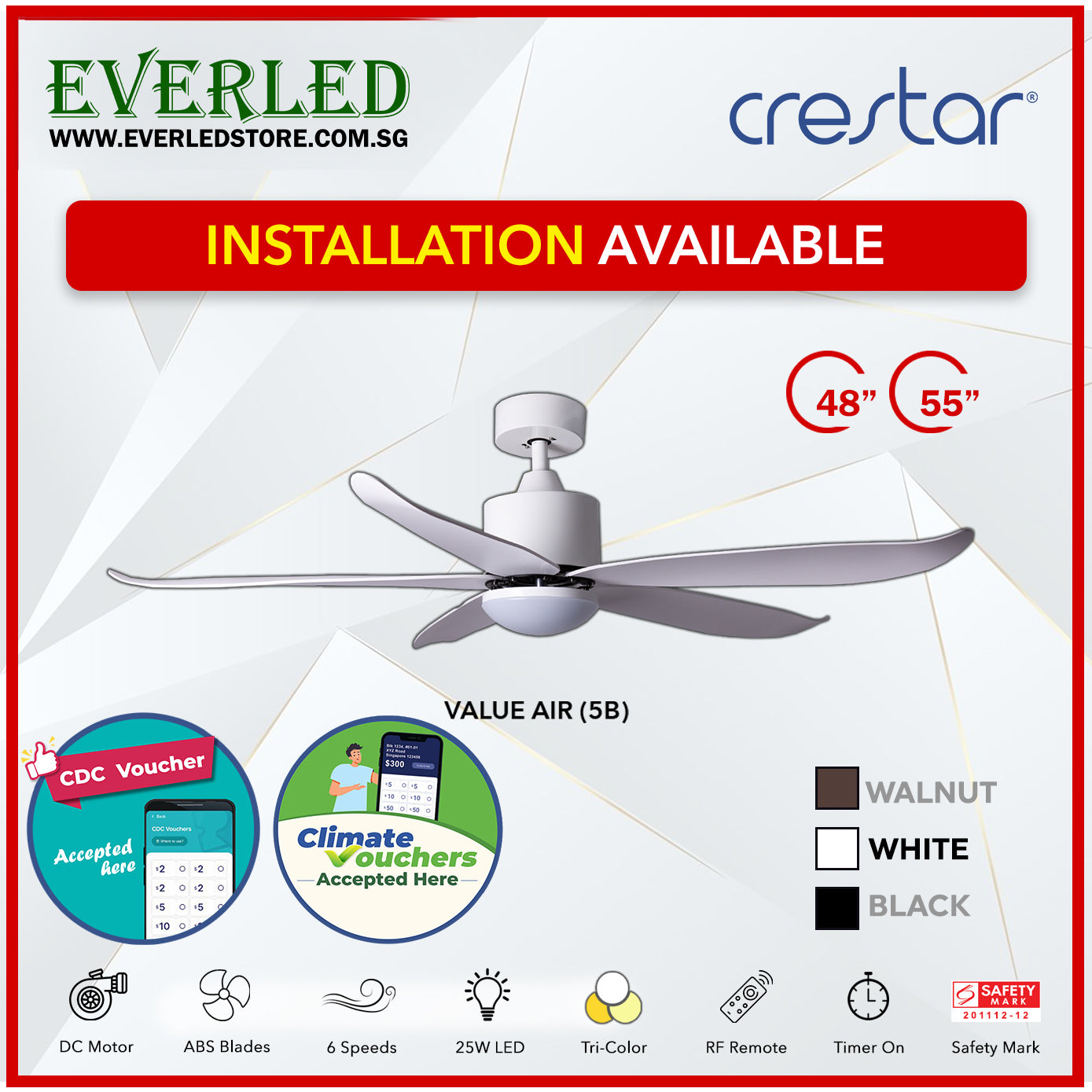 *STANDARD INSTALLATION* Crestar DC ValueAir 5 Blades 48"/55" (Inverter DC Fan) *CDC & Climate Voucher Accepted In Showroom*