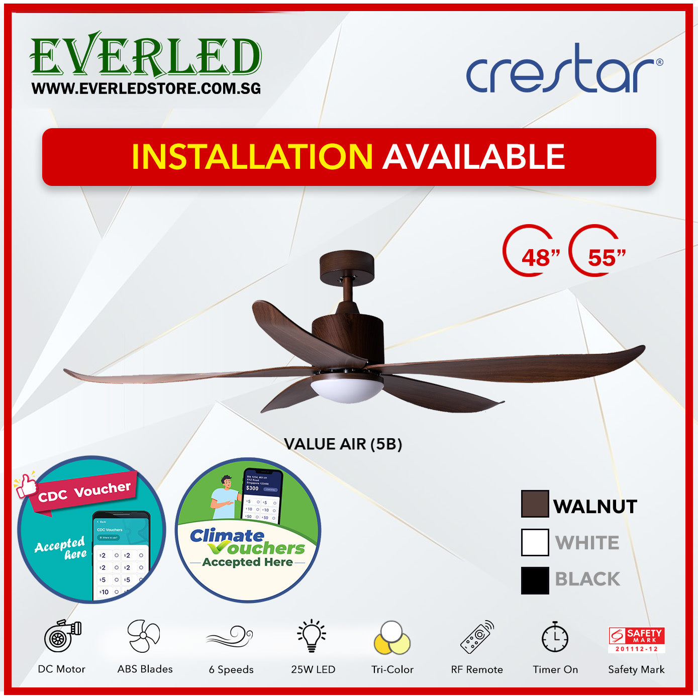 *STANDARD INSTALLATION* Crestar DC ValueAir 5 Blades 48"/55" (Inverter DC Fan) *CDC & Climate Voucher Accepted In Showroom*