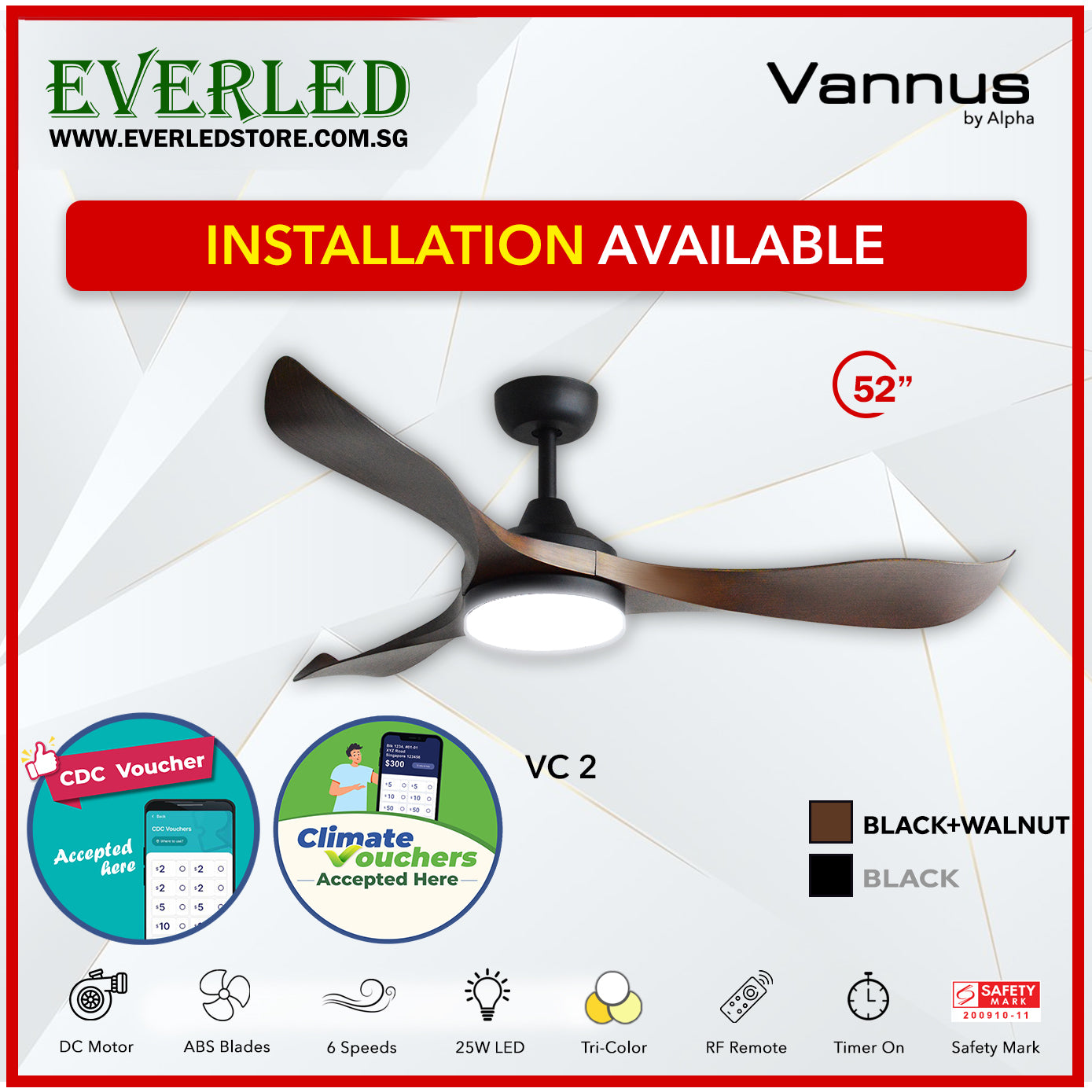*STANDARD INSTALLATION* Alpha Fan DC VC2 52" with Tri-colour LED (Inverter DC fan) *CDC & Climate Voucher Accepted In Showroom*