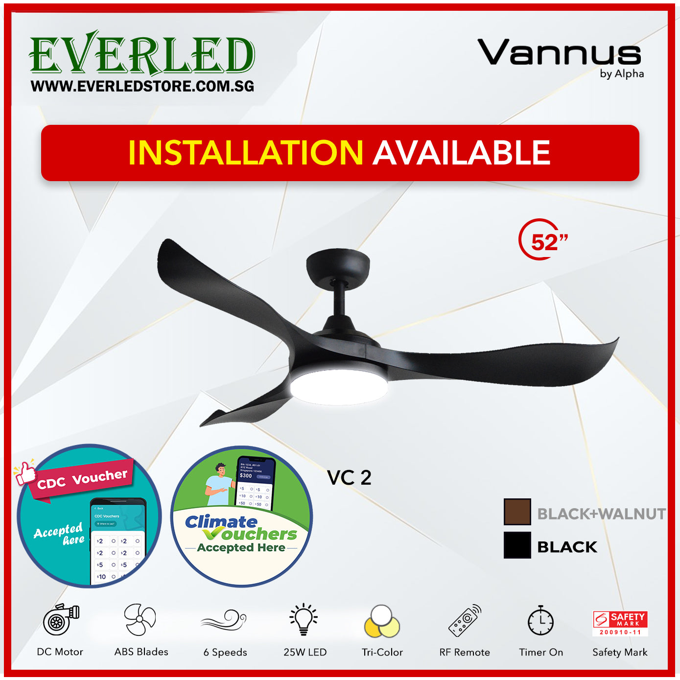 *STANDARD INSTALLATION* Alpha Fan DC VC2 52" with Tri-colour LED (Inverter DC fan) *CDC & Climate Voucher Accepted In Showroom*