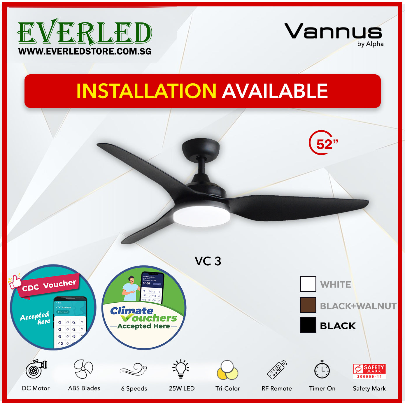 *STANDARD INSTALLATION* Alpha Fan DC VC3 52" with Tri-colour LED (Inverter DC fan) *CDC & Climate Voucher Accepted In Showroom*