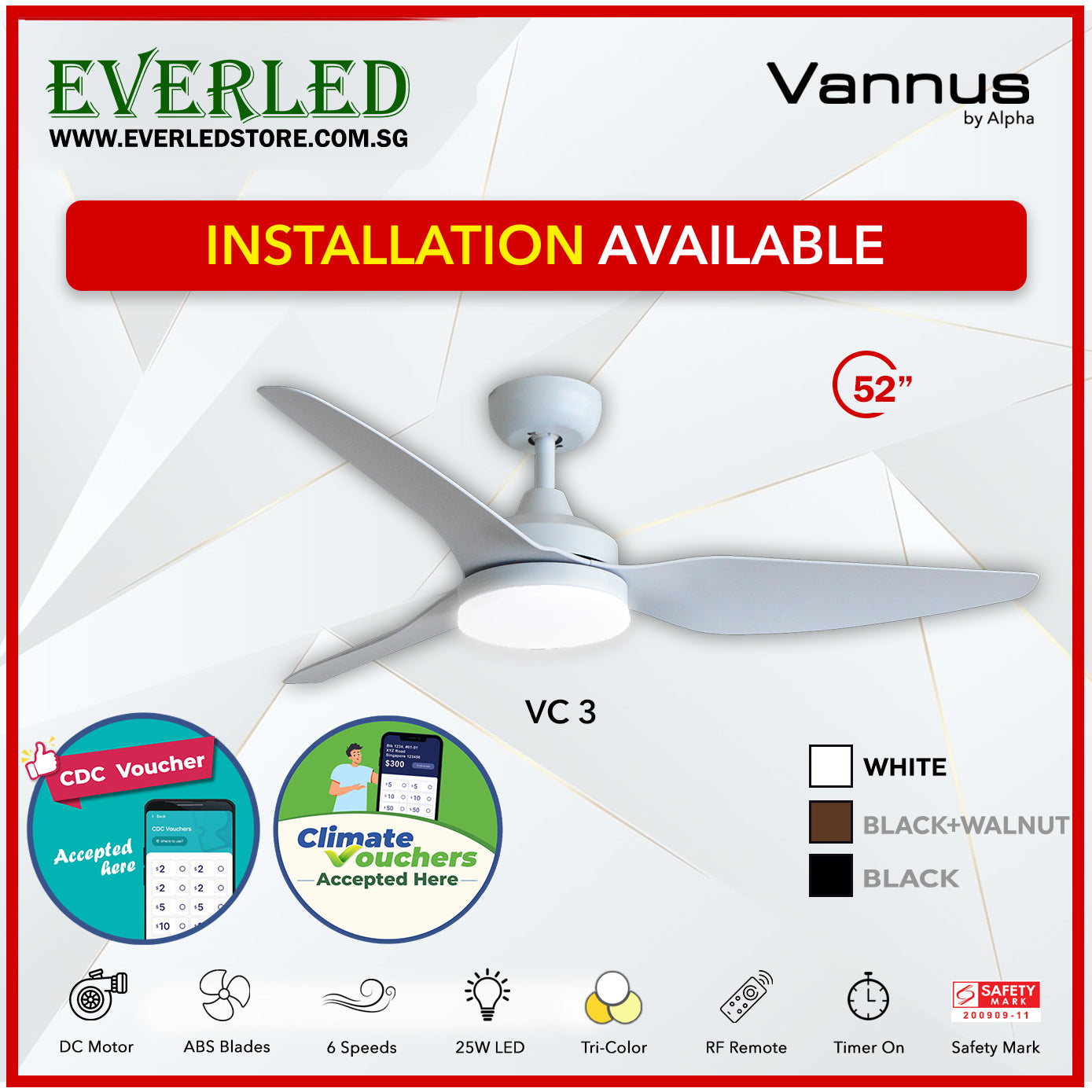 *STANDARD INSTALLATION* Alpha Fan DC VC3 52" with Tri-colour LED (Inverter DC fan) *CDC & Climate Voucher Accepted In Showroom*
