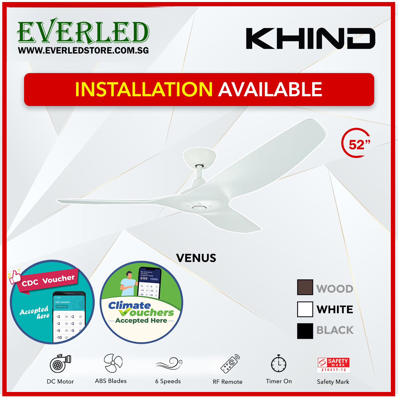 *STANDARD INSTALLATION* Khind DC Venus 52" (Inverter DC Fan) *CDC & Climate Voucher Accepted In Showroom*