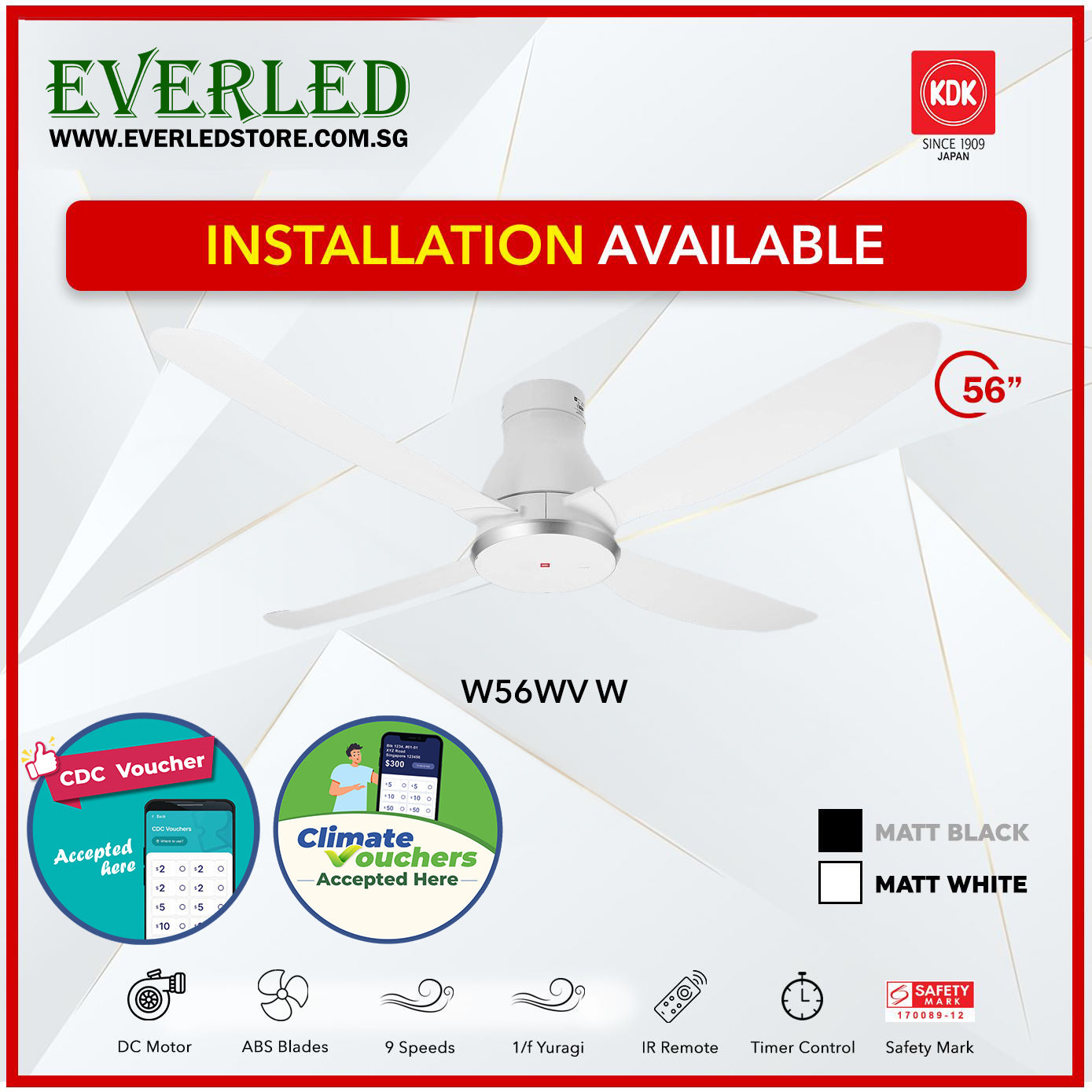 *FREE STANDARD INSTALLATION* KDK DC Fan W56WV (4 Blades 56" inch) *CDC & Climate Voucher Accepted In Showroom*