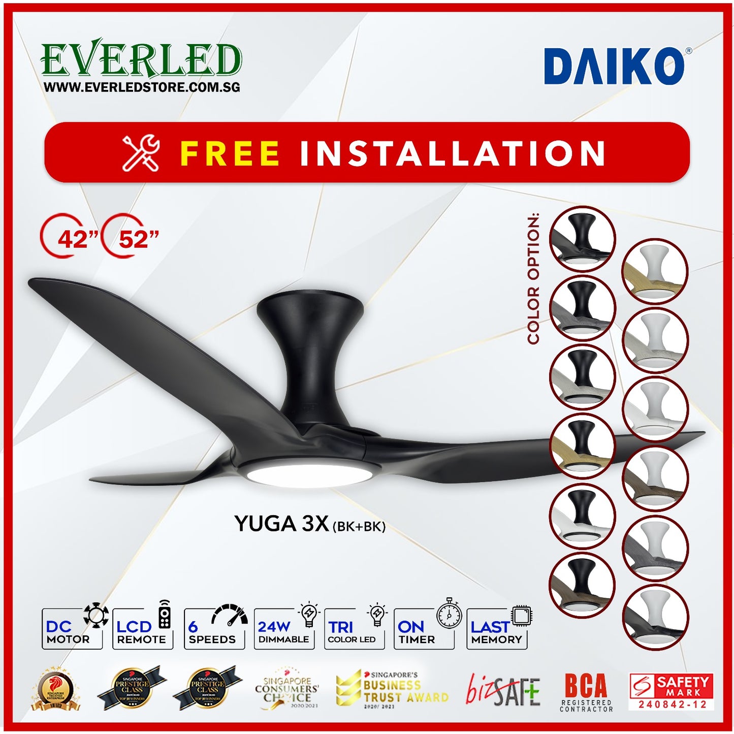 *FREE INSTALLATION* Daiko DC Yuga 3X 42"/52"  with DIMMABLE Tri-color LED (Inverter DC Fan) *CDC & Climate Voucher Accepted in Showroom*