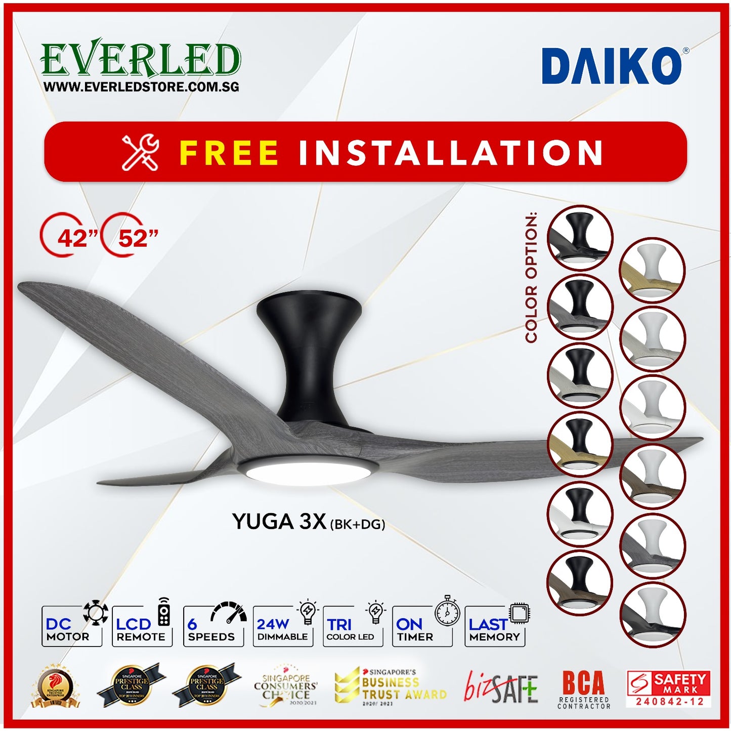*FREE INSTALLATION* Daiko DC Yuga 3X 42"/52"  with DIMMABLE Tri-color LED (Inverter DC Fan) *CDC & Climate Voucher Accepted in Showroom*