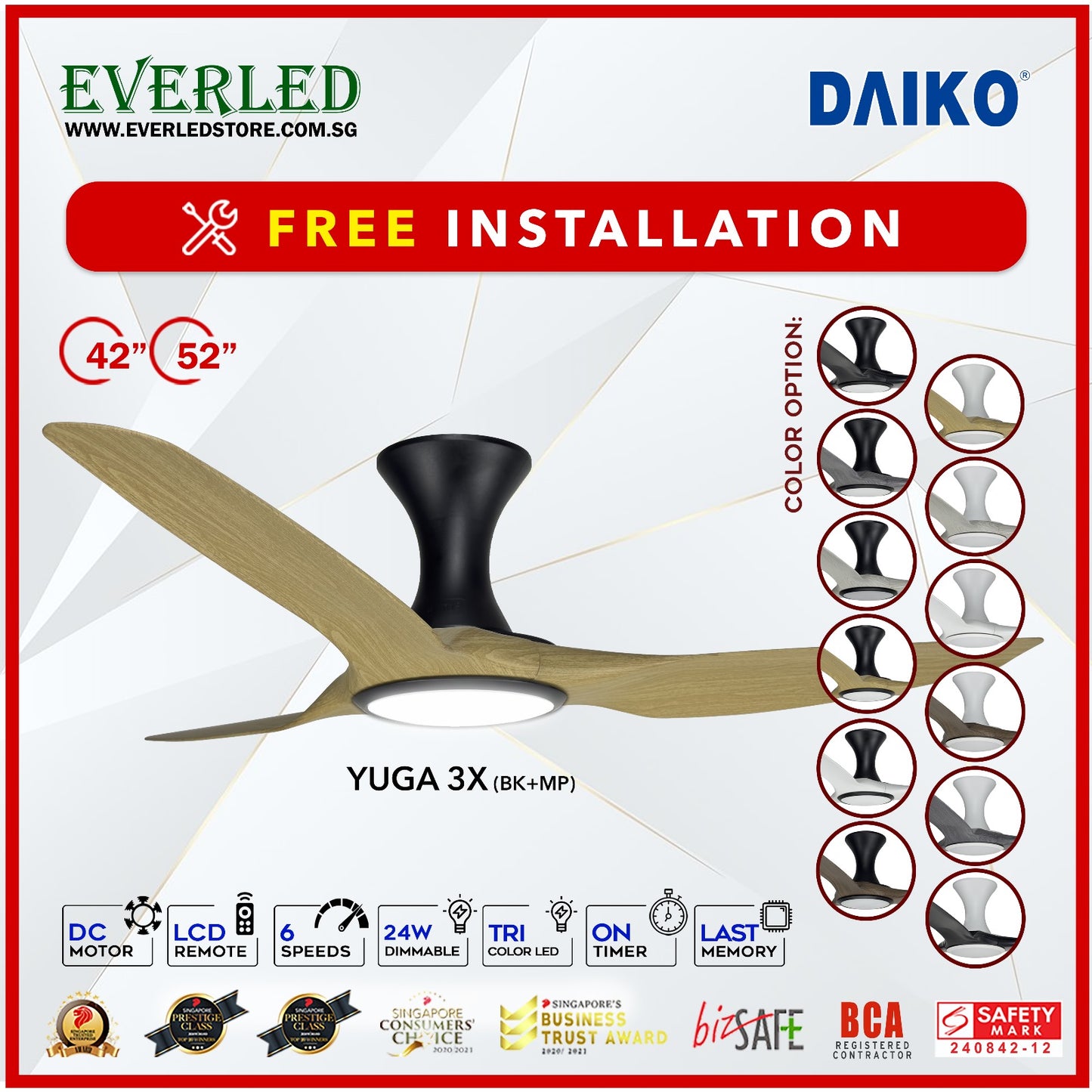 *FREE INSTALLATION* Daiko DC Yuga 3X 42"/52"  with DIMMABLE Tri-color LED (Inverter DC Fan) *CDC & Climate Voucher Accepted in Showroom*