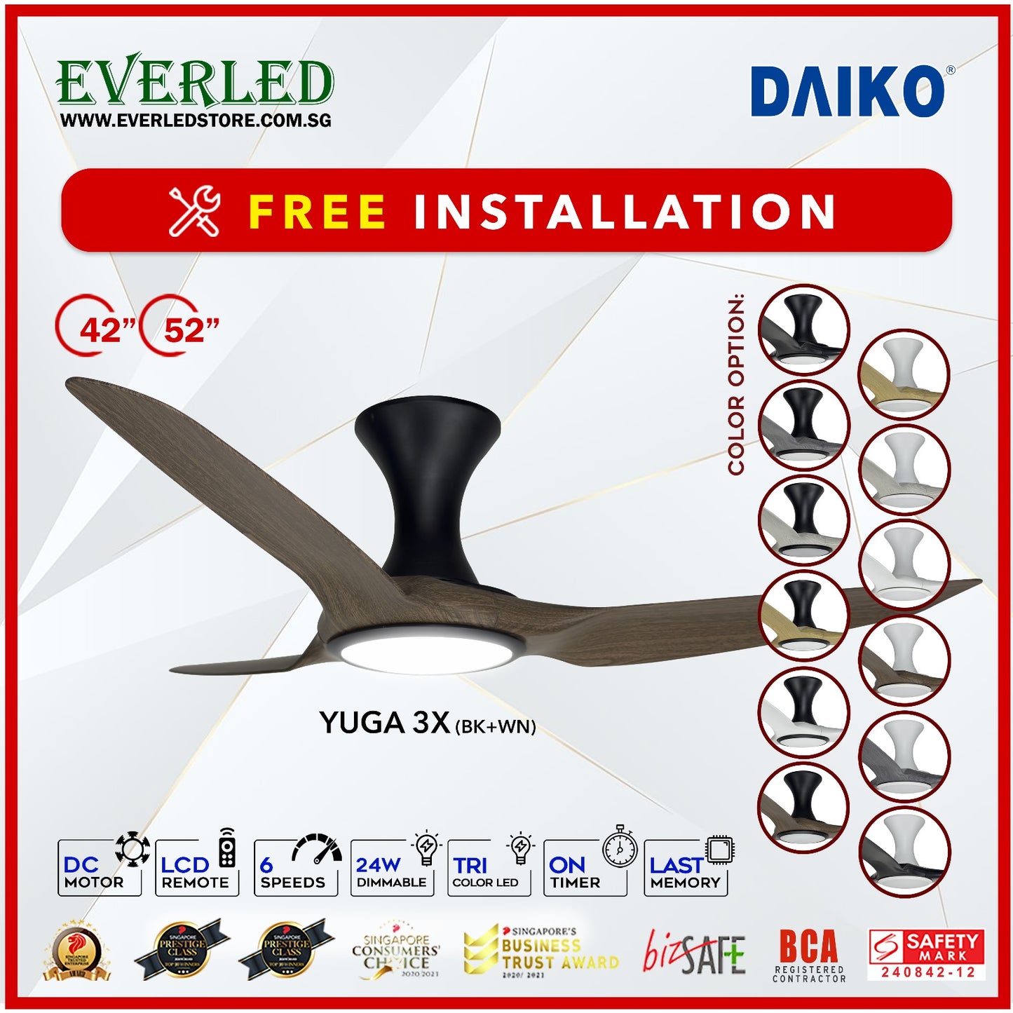 *FREE INSTALLATION* Daiko DC Yuga 3X 42"/52"  with DIMMABLE Tri-color LED (Inverter DC Fan) *CDC & Climate Voucher Accepted in Showroom*