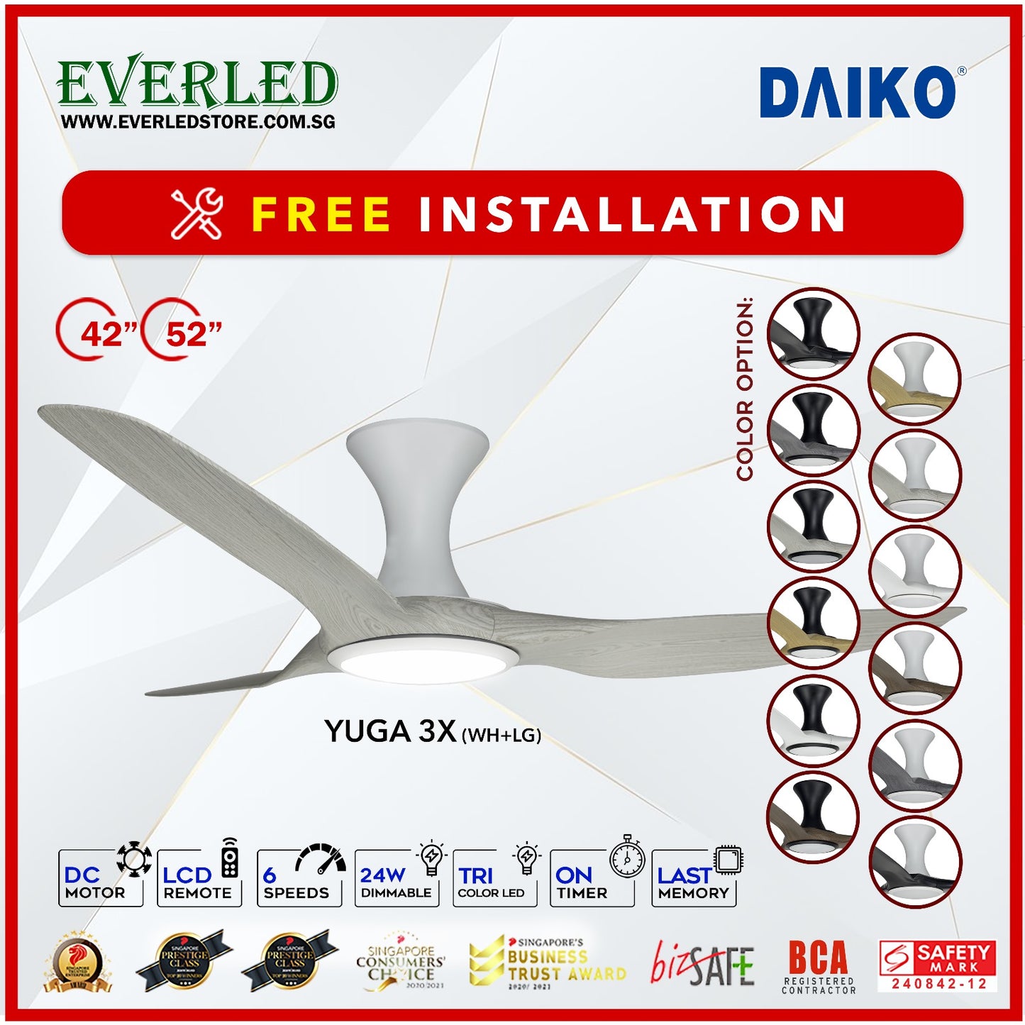 *FREE INSTALLATION* Daiko DC Yuga 3X 42"/52"  with DIMMABLE Tri-color LED (Inverter DC Fan) *CDC & Climate Voucher Accepted in Showroom*