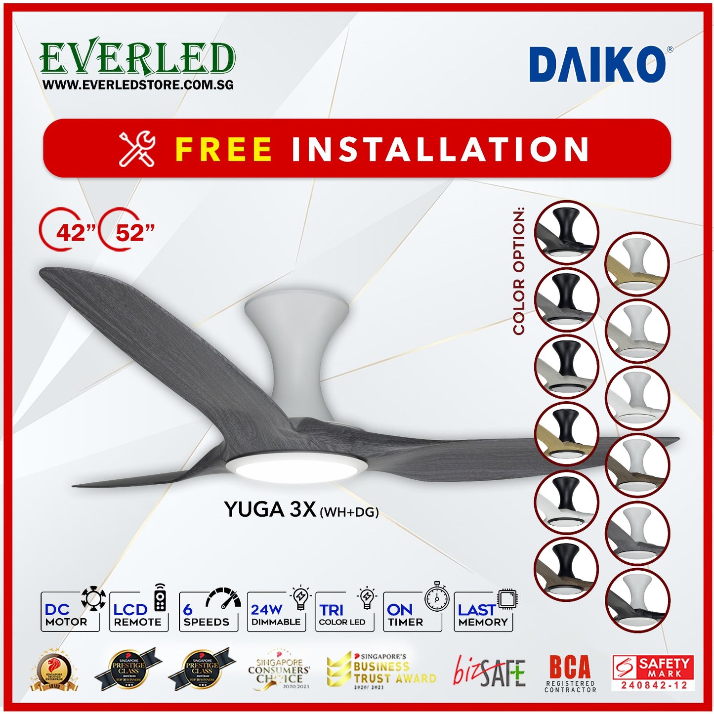 *FREE INSTALLATION* Daiko DC Yuga 3X 42"/52"  with DIMMABLE Tri-color LED (Inverter DC Fan) *CDC & Climate Voucher Accepted in Showroom*
