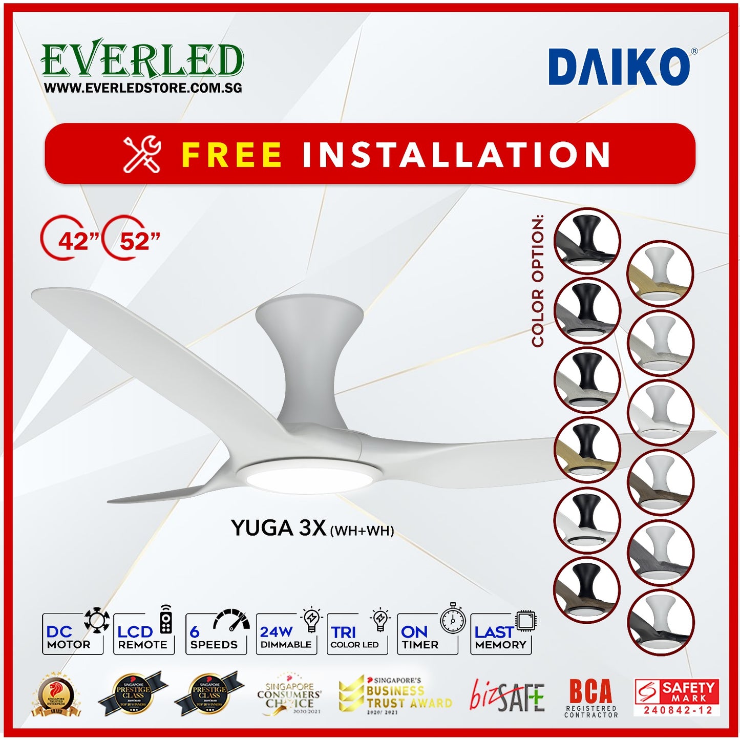 *FREE INSTALLATION* Daiko DC Yuga 3X 42"/52"  with DIMMABLE Tri-color LED (Inverter DC Fan) *CDC & Climate Voucher Accepted in Showroom*