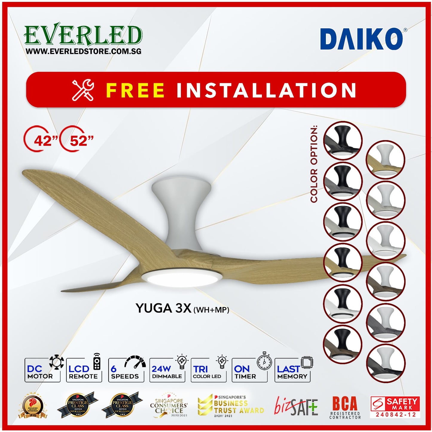 *FREE INSTALLATION* Daiko DC Yuga 3X 42"/52"  with DIMMABLE Tri-color LED (Inverter DC Fan) *CDC & Climate Voucher Accepted in Showroom*