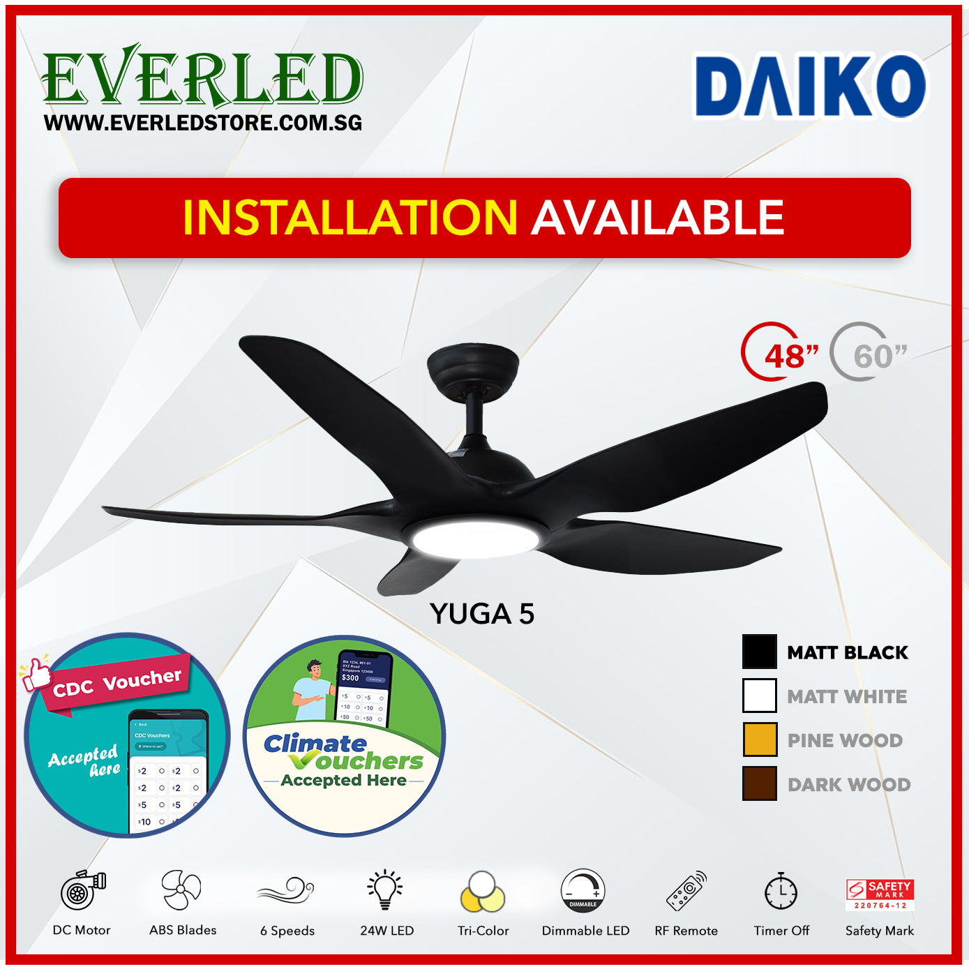*FREE INSTALLATION* Daiko DC Yuga 5 48"/60"  with Tri-color LED (Inverter DC Fan) *CDC & Climate Voucher Accepted in Showroom*