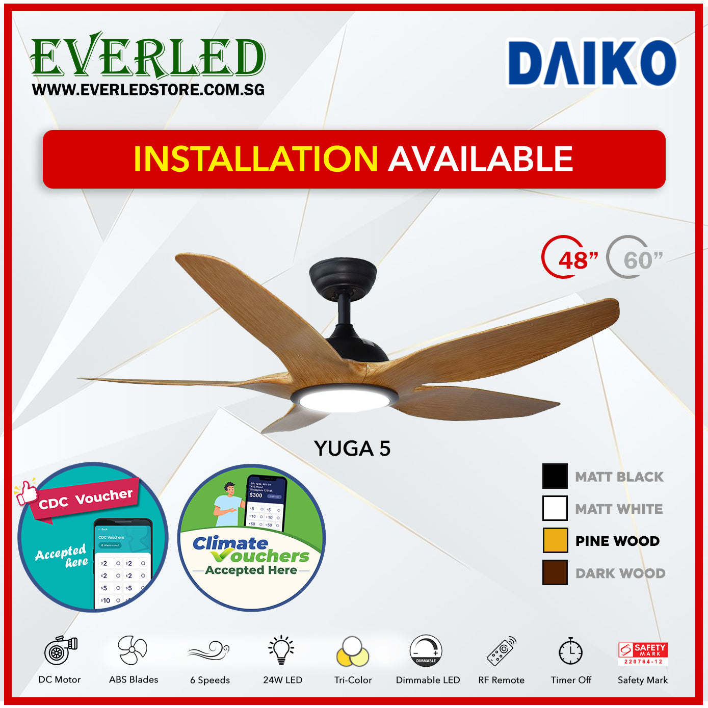 *FREE INSTALLATION* Daiko DC Yuga 5 48"/60"  with Tri-color LED (Inverter DC Fan) *CDC & Climate Voucher Accepted in Showroom*