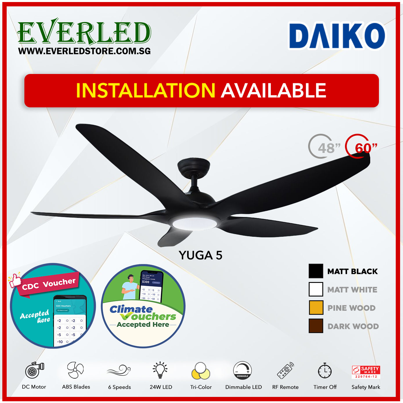 *FREE INSTALLATION* Daiko DC Yuga 5 48"/60"  with Tri-color LED (Inverter DC Fan) *CDC & Climate Voucher Accepted in Showroom*