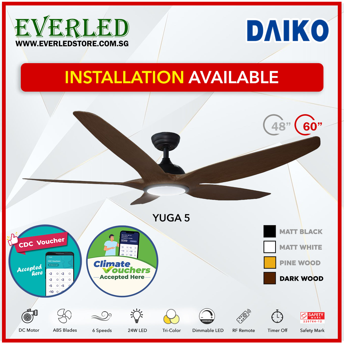 *FREE INSTALLATION* Daiko DC Yuga 5 48"/60"  with Tri-color LED (Inverter DC Fan) *CDC & Climate Voucher Accepted in Showroom*