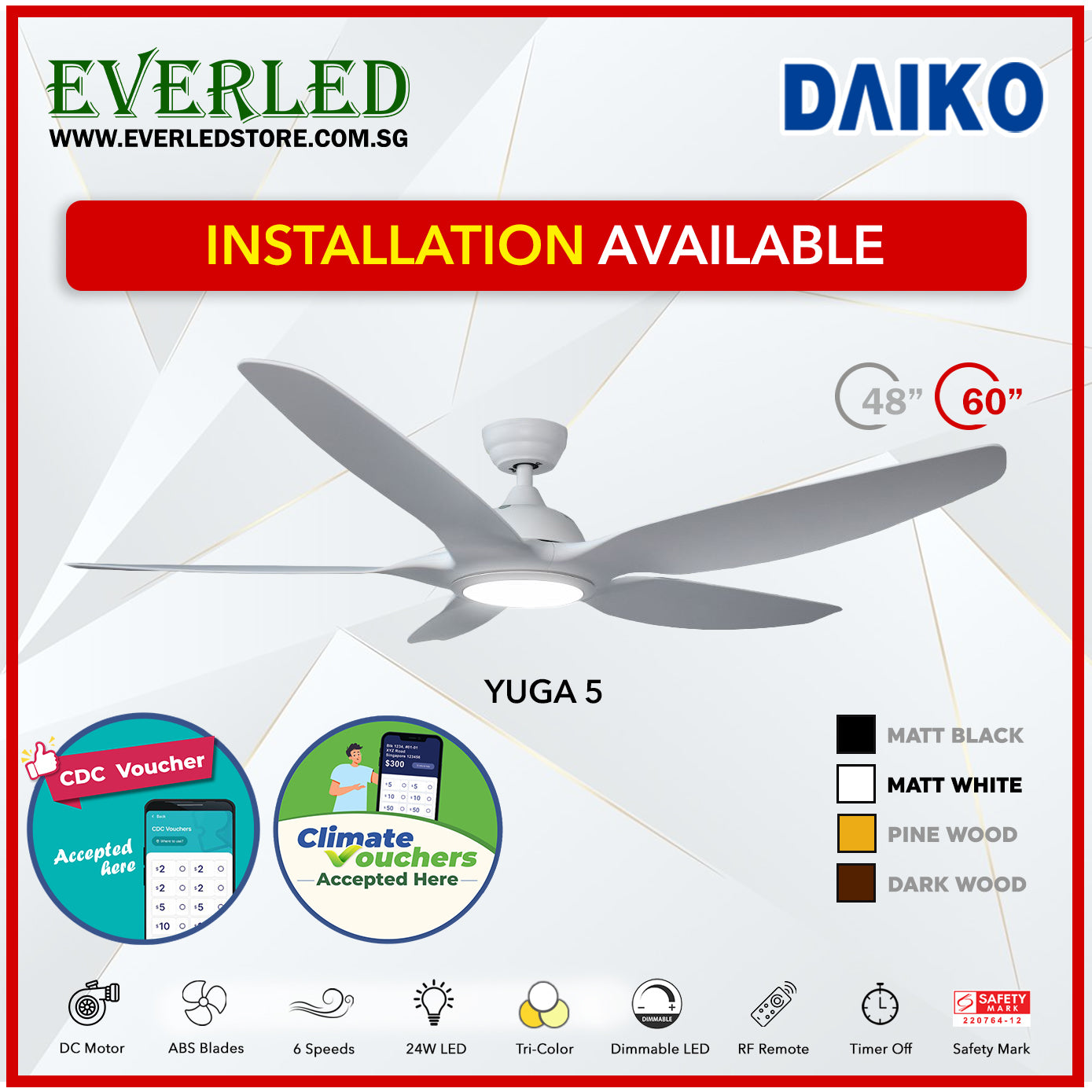 *FREE INSTALLATION* Daiko DC Yuga 5 48"/60"  with Tri-color LED (Inverter DC Fan) *CDC & Climate Voucher Accepted in Showroom*
