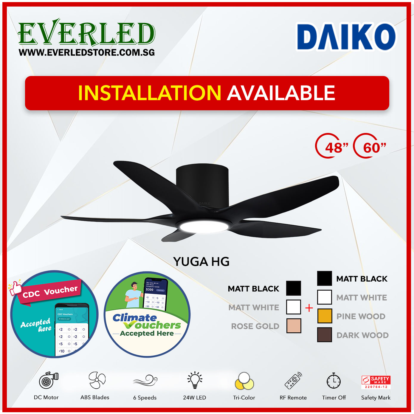 *FREE INSTALLATION* Daiko DC Yuga 5 48"/60"  with Tri-color LED (Inverter DC Fan) *CDC & Climate Voucher Accepted in Showroom*