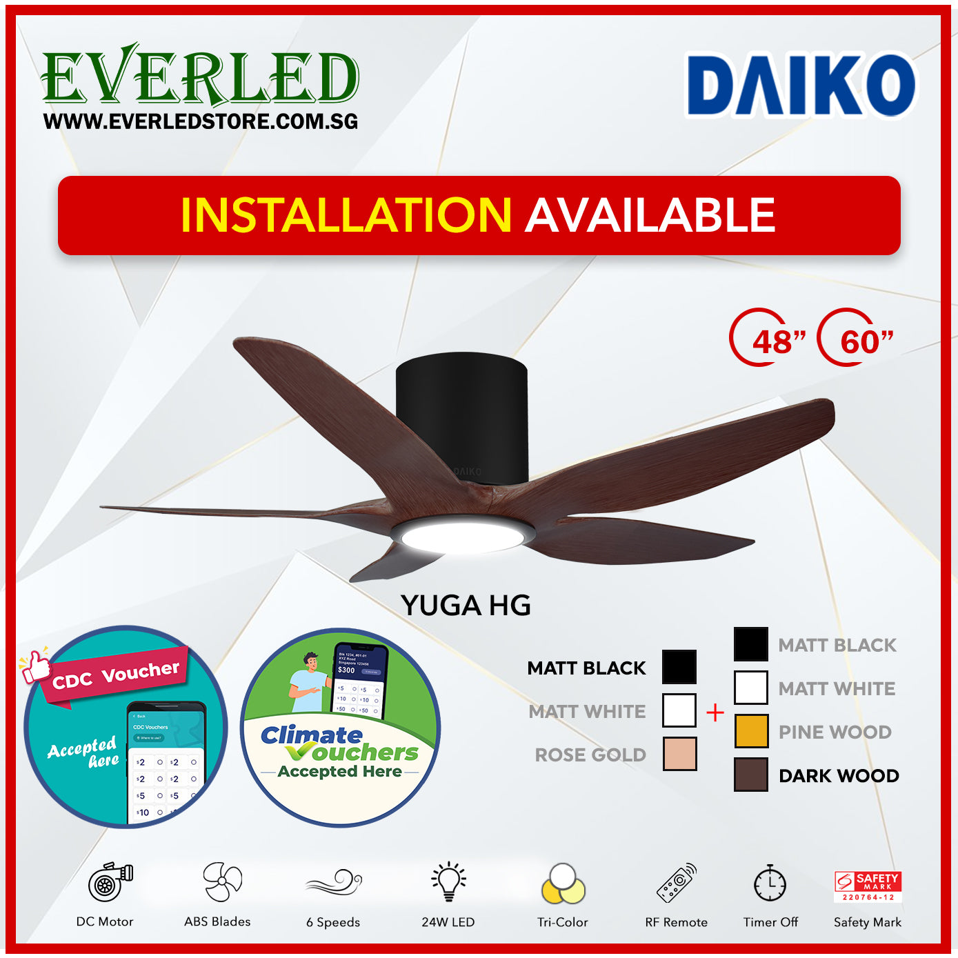 *FREE INSTALLATION* Daiko DC Yuga 5 48"/60"  with Tri-color LED (Inverter DC Fan) *CDC & Climate Voucher Accepted in Showroom*