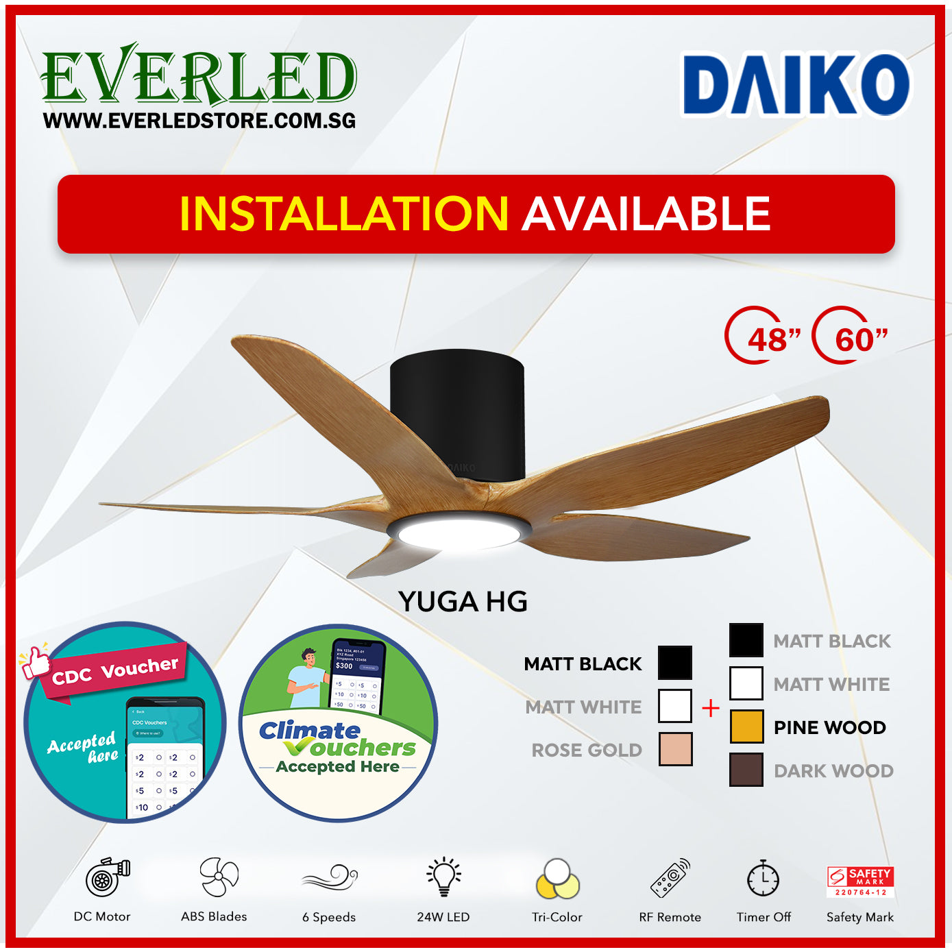 *FREE INSTALLATION* Daiko DC Yuga 5 48"/60"  with Tri-color LED (Inverter DC Fan) *CDC & Climate Voucher Accepted in Showroom*